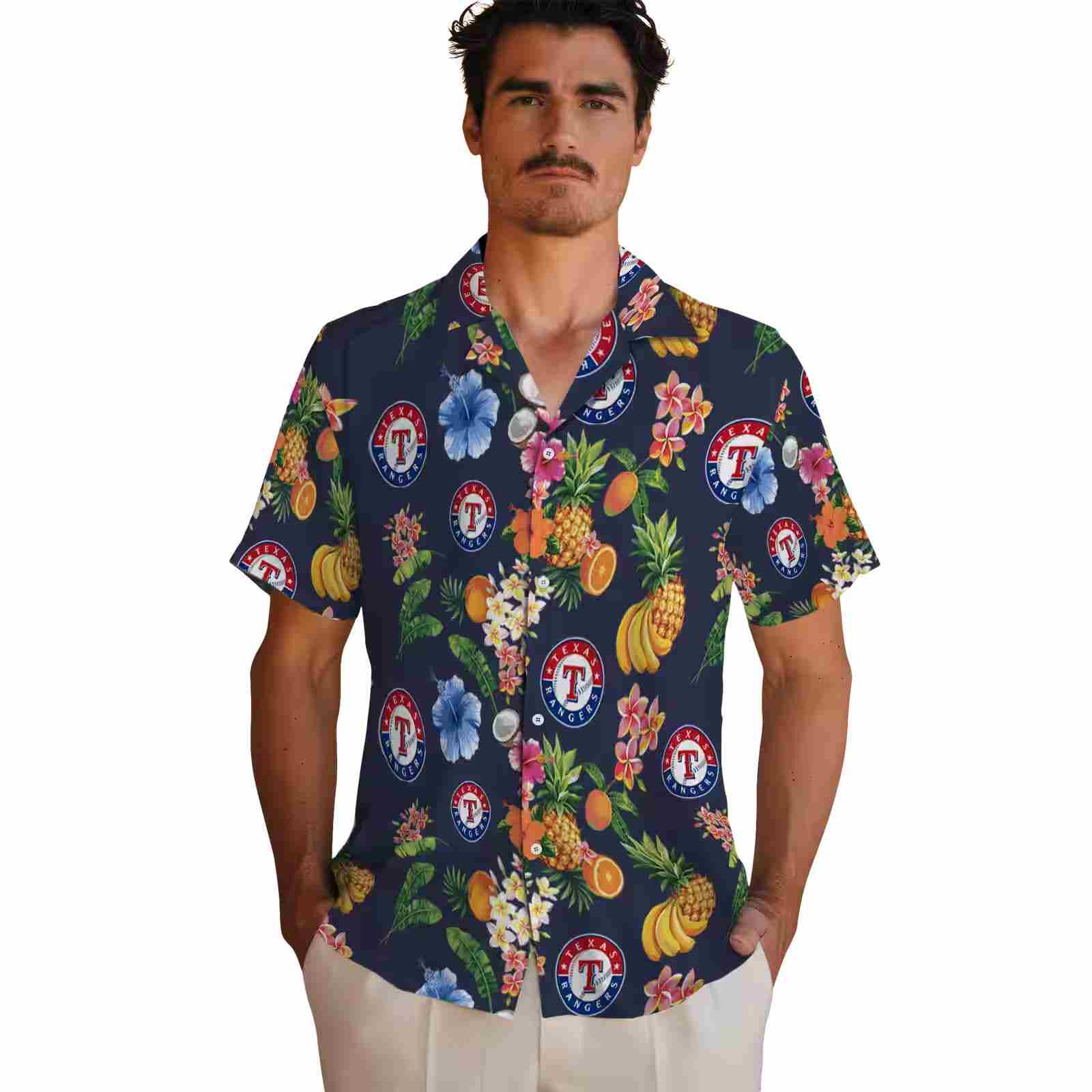 texas rangers hibiscus and fruit navy blue hawaiian shirt fashion forward