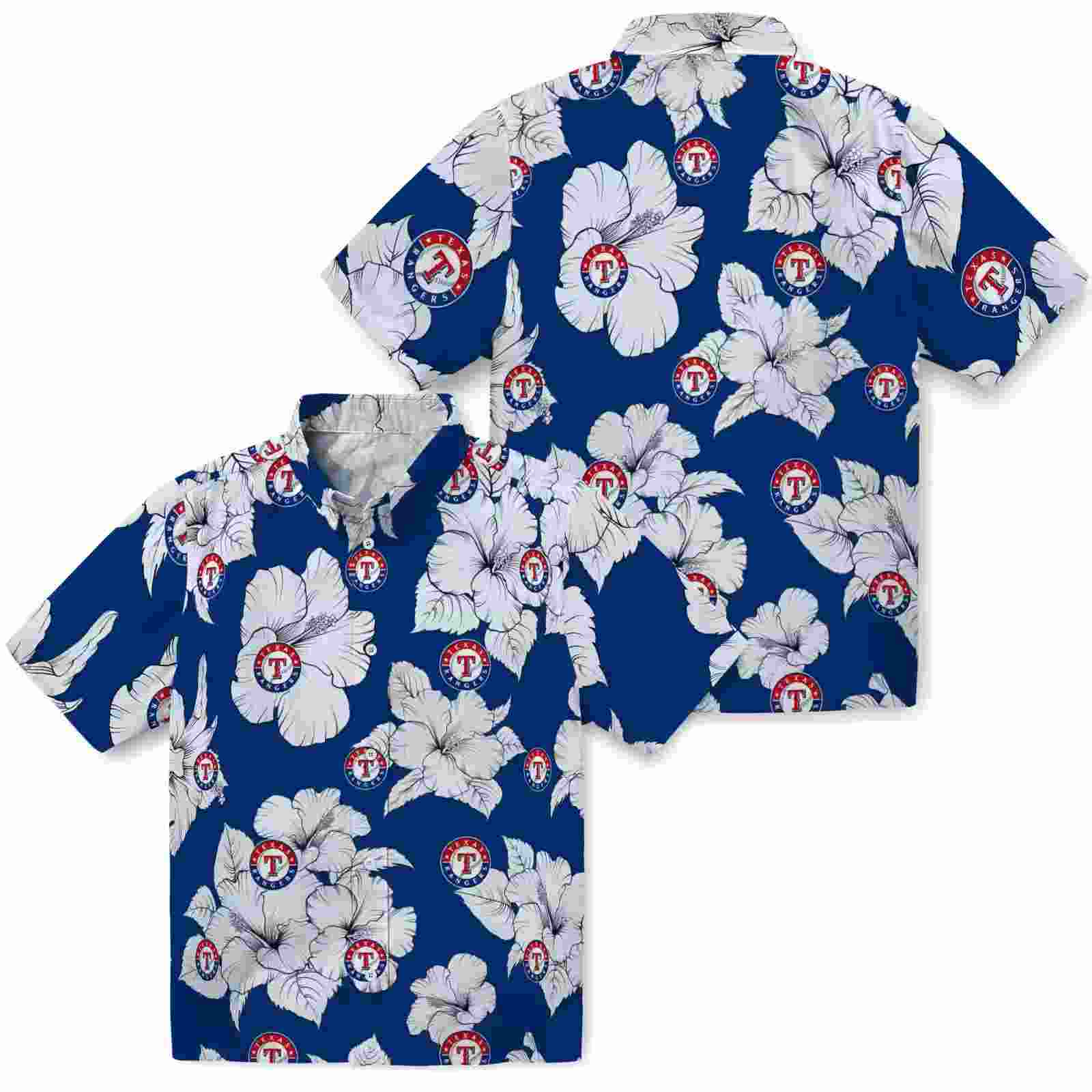 texas rangers hibiscus blooms blue white hawaiian shirt high quality