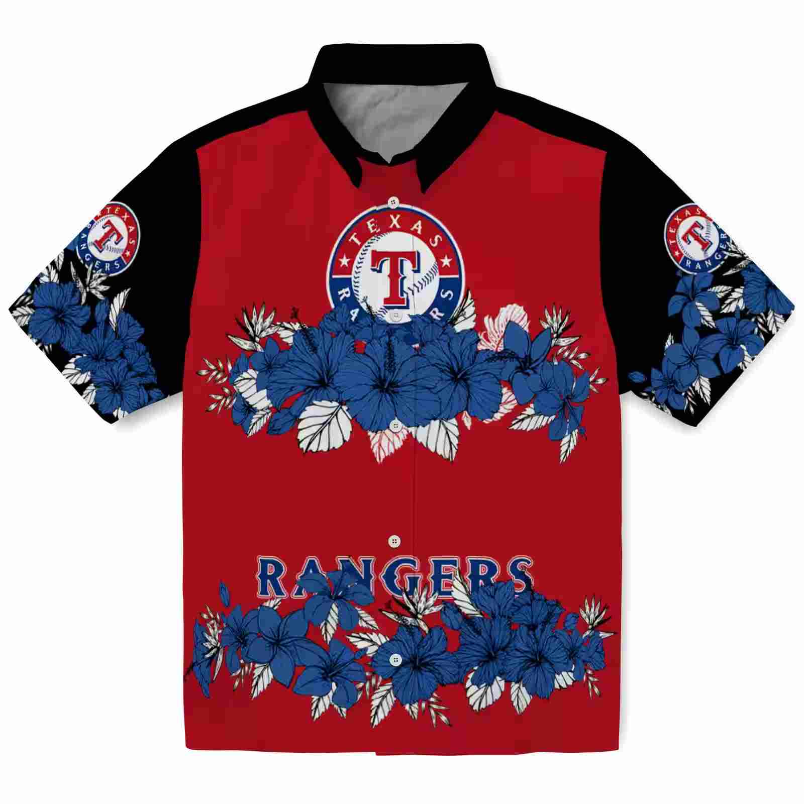 Texas Rangers Hibiscus Stripe Blue Black Hawaiian Shirt