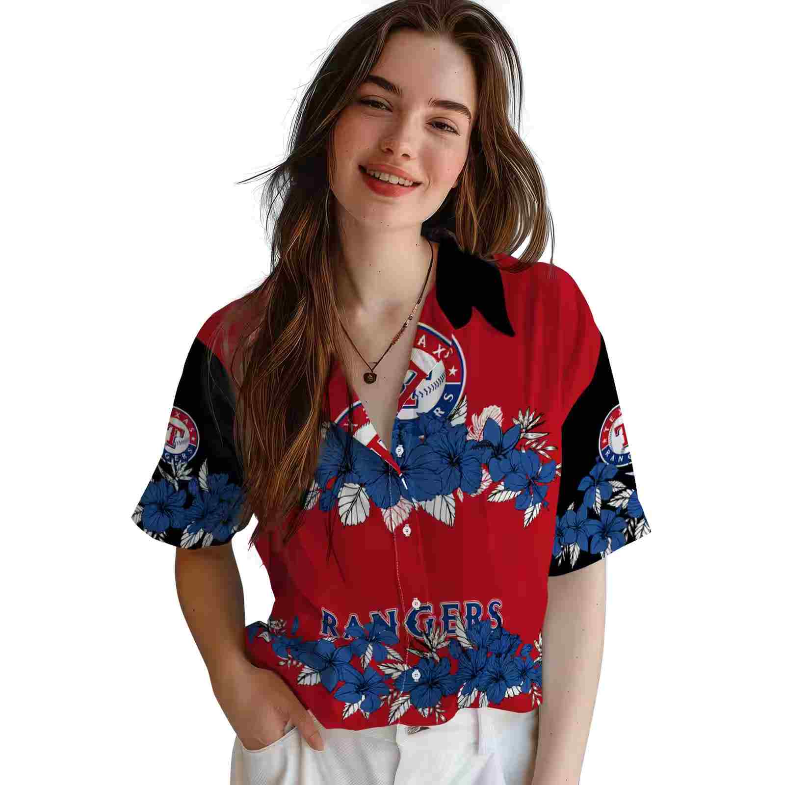 texas rangers hibiscus stripe blue black hawaiian shirt latest model