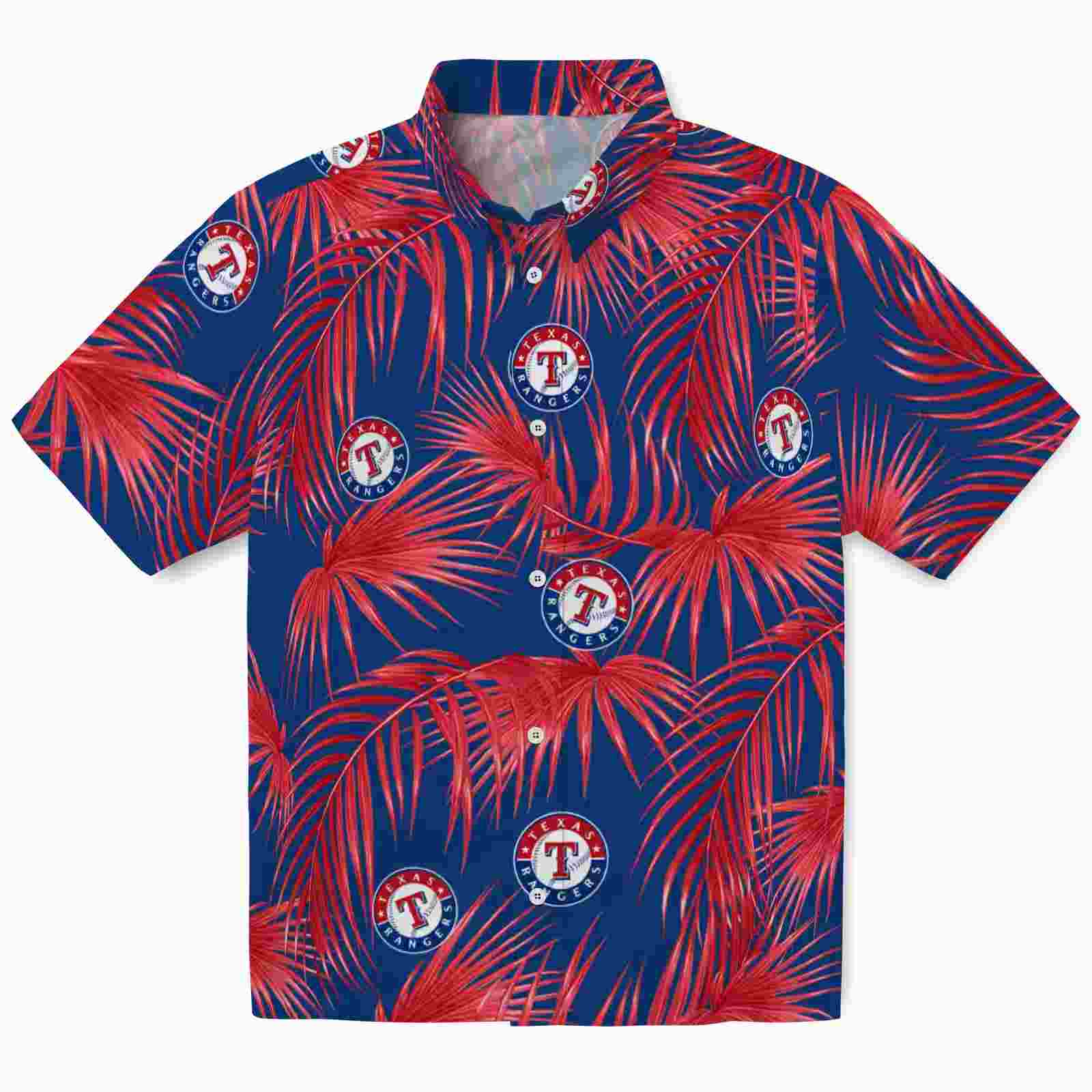 Texas Rangers Leafy Palms Blue Hawaiian Shirt