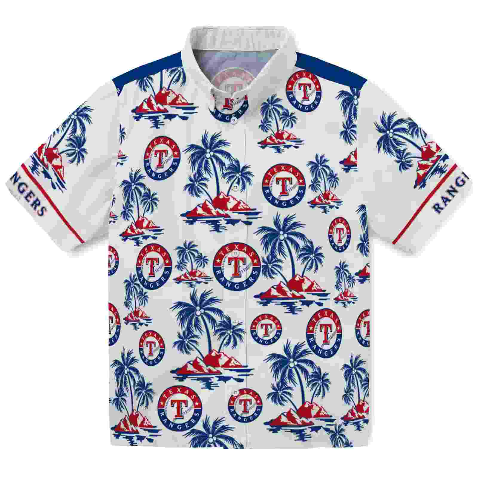 Texas Rangers Palm Island Print Blue White Hawaiian Shirt