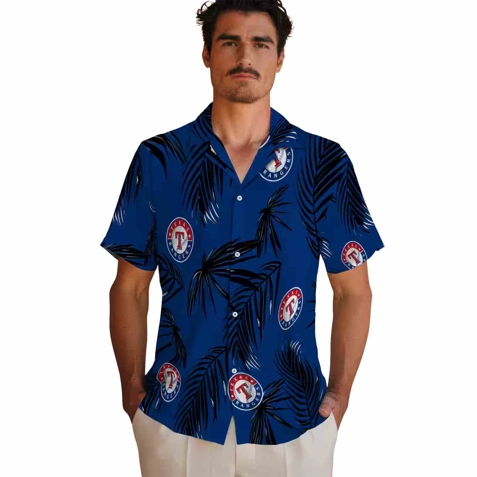 texas rangers palm leaf blue hawaiian shirt fashion forward