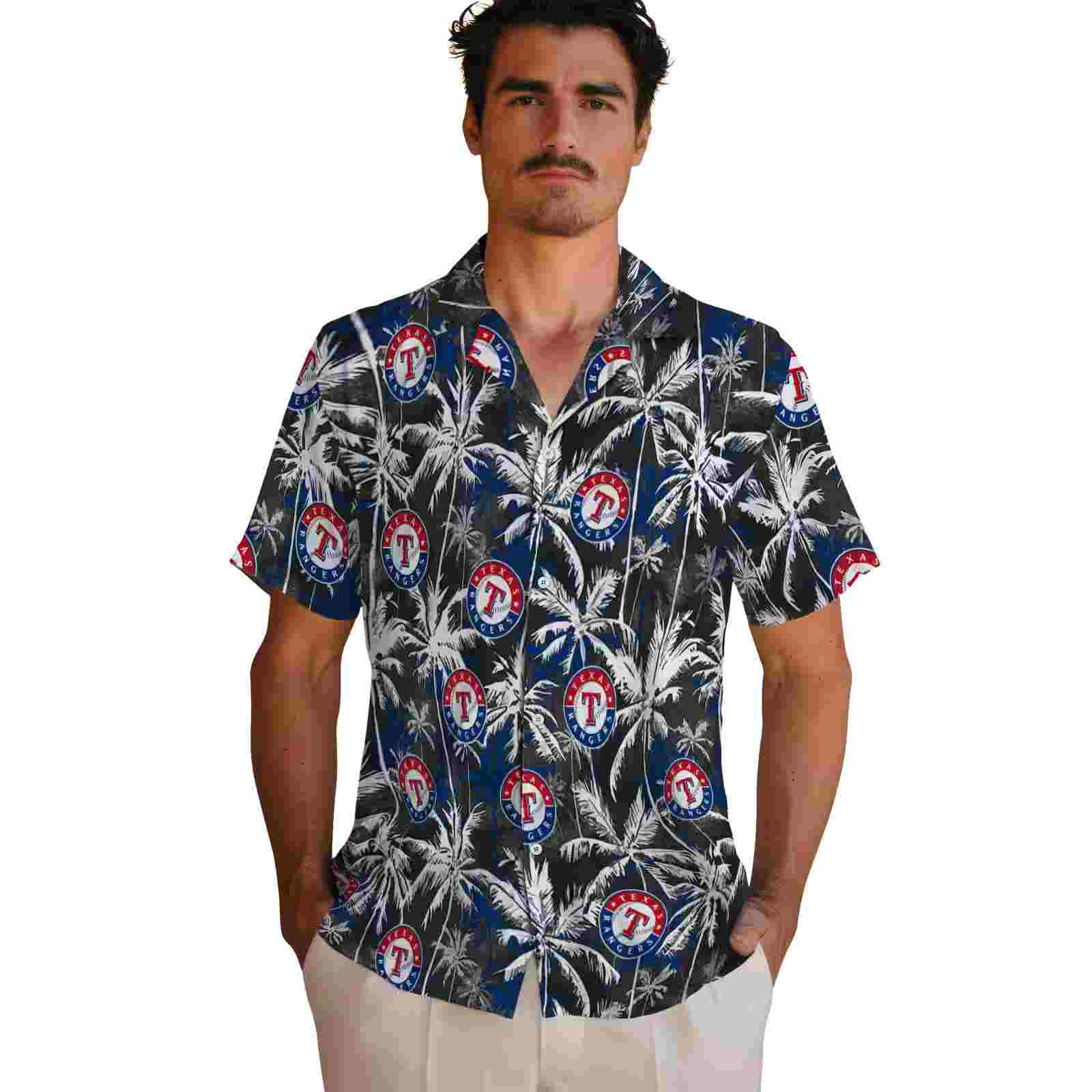 texas rangers palm pattern blue black hawaiian shirt fashion forward