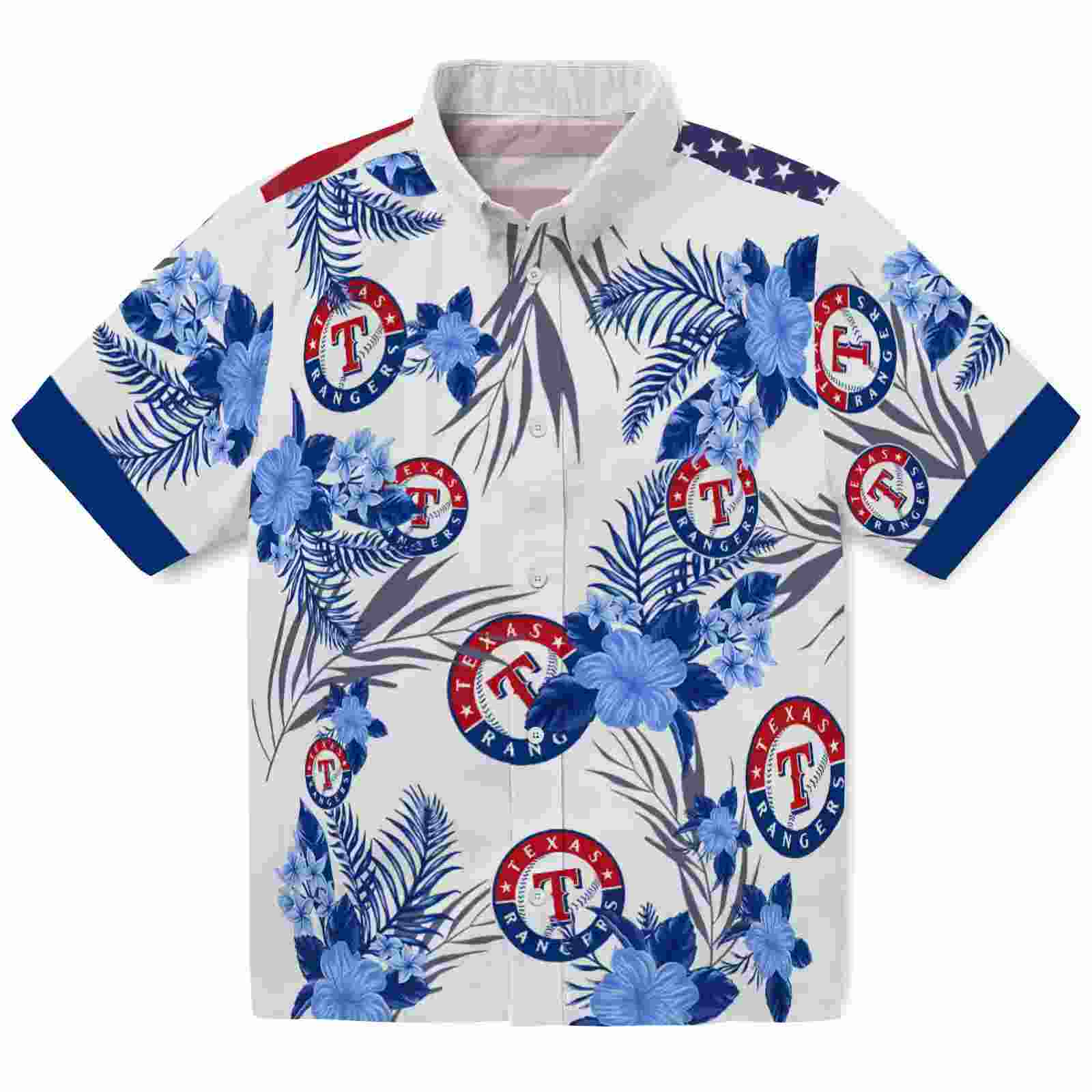 Texas Rangers Patriotic Hibiscus Design Blue White Hawaiian Shirt