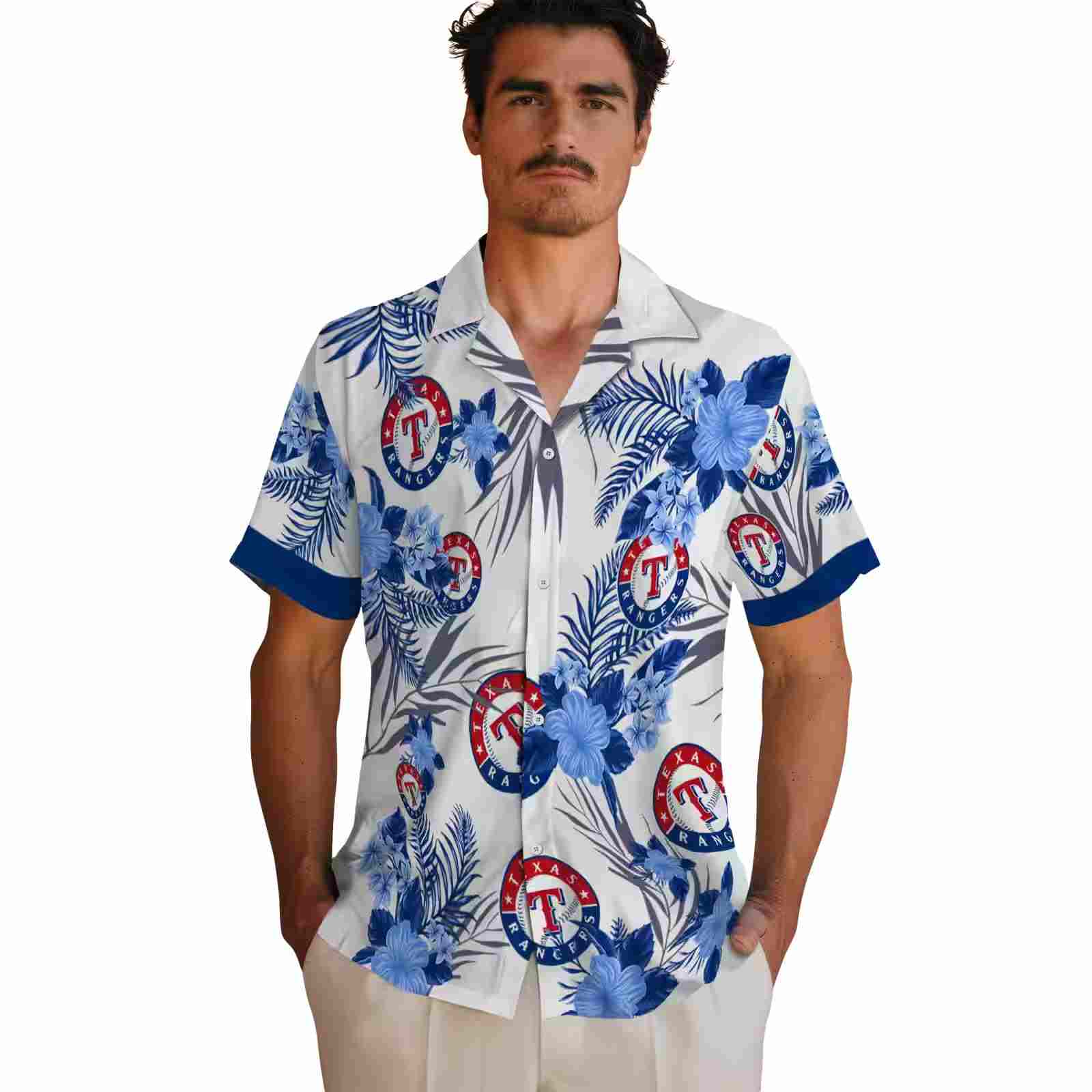 texas rangers patriotic hibiscus design blue white hawaiian shirt fashion forward