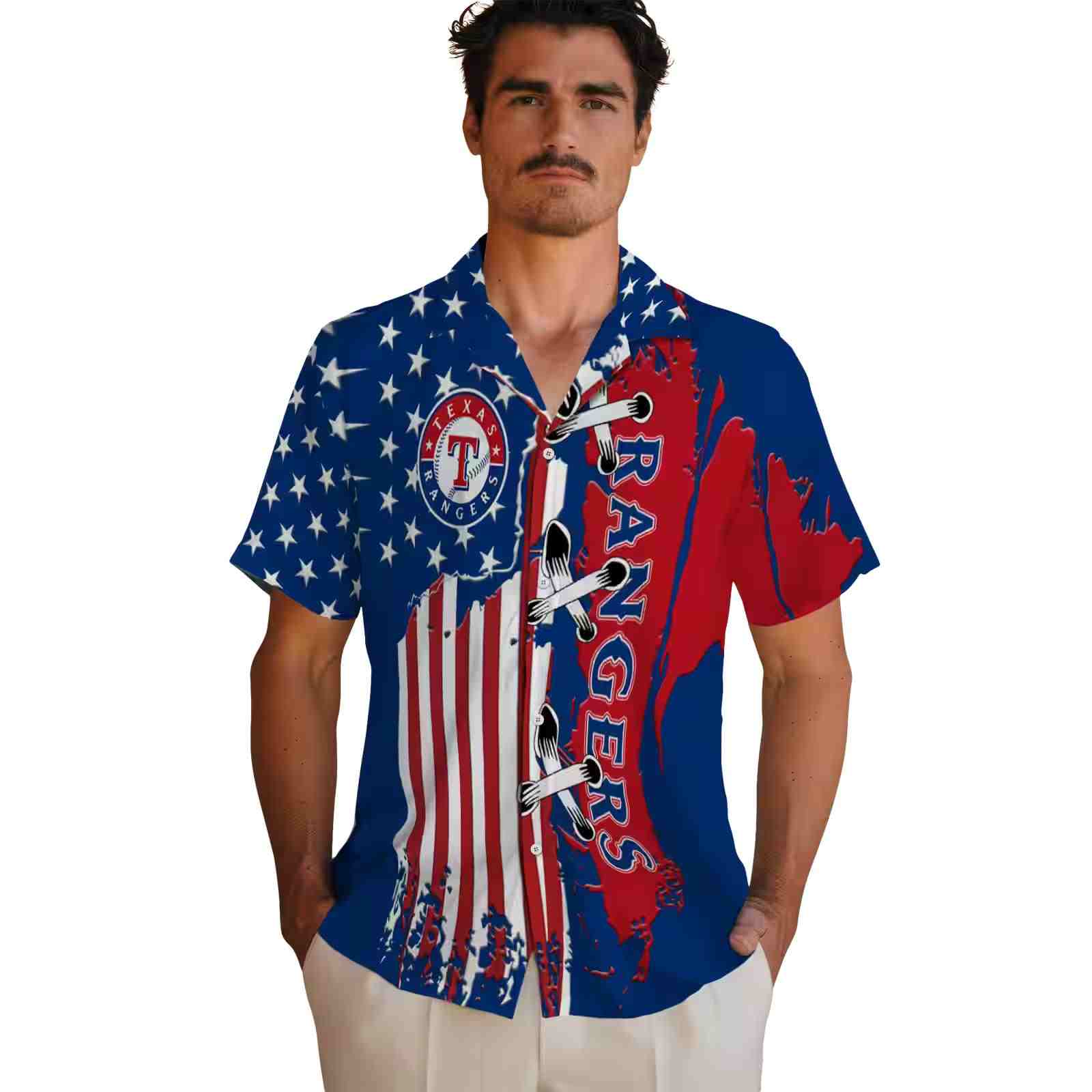 texas rangers stitched flag blue hawaiian shirt fashion forward