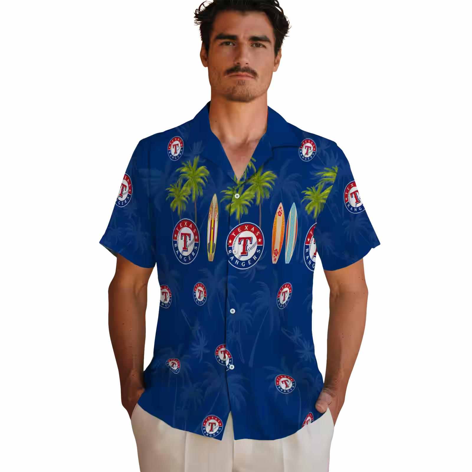 texas rangers surfboard palm blue hawaiian shirt fashion forward