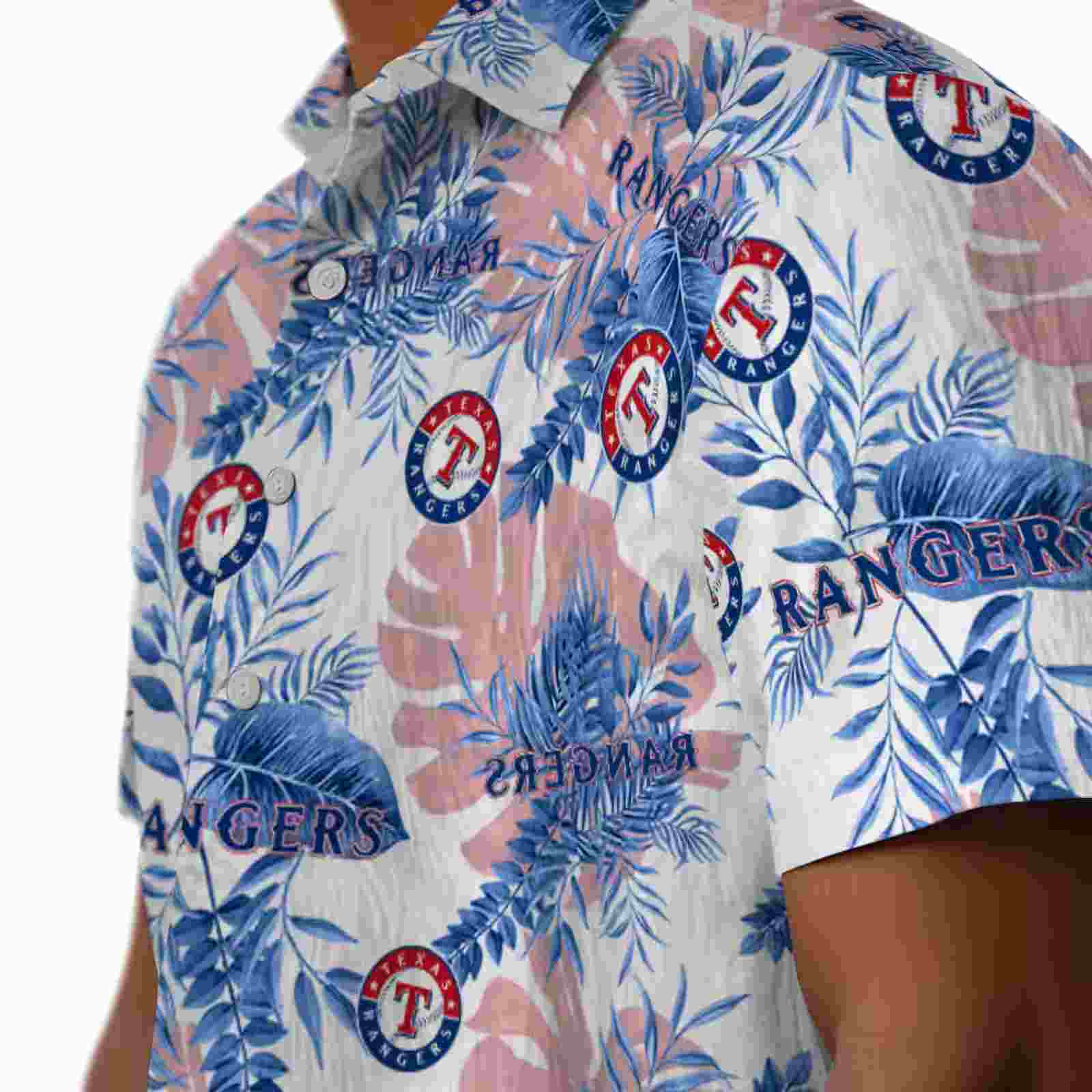 texas rangers tropical leaves white hawaiian shirt trendy