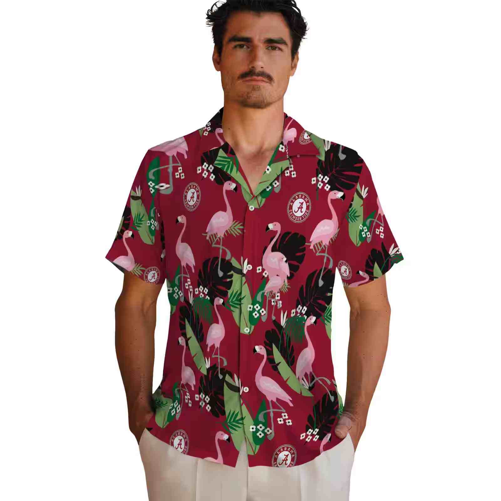 alabama crimson tide flamingo leaf motif crimson hawaiian shirt fashion forward