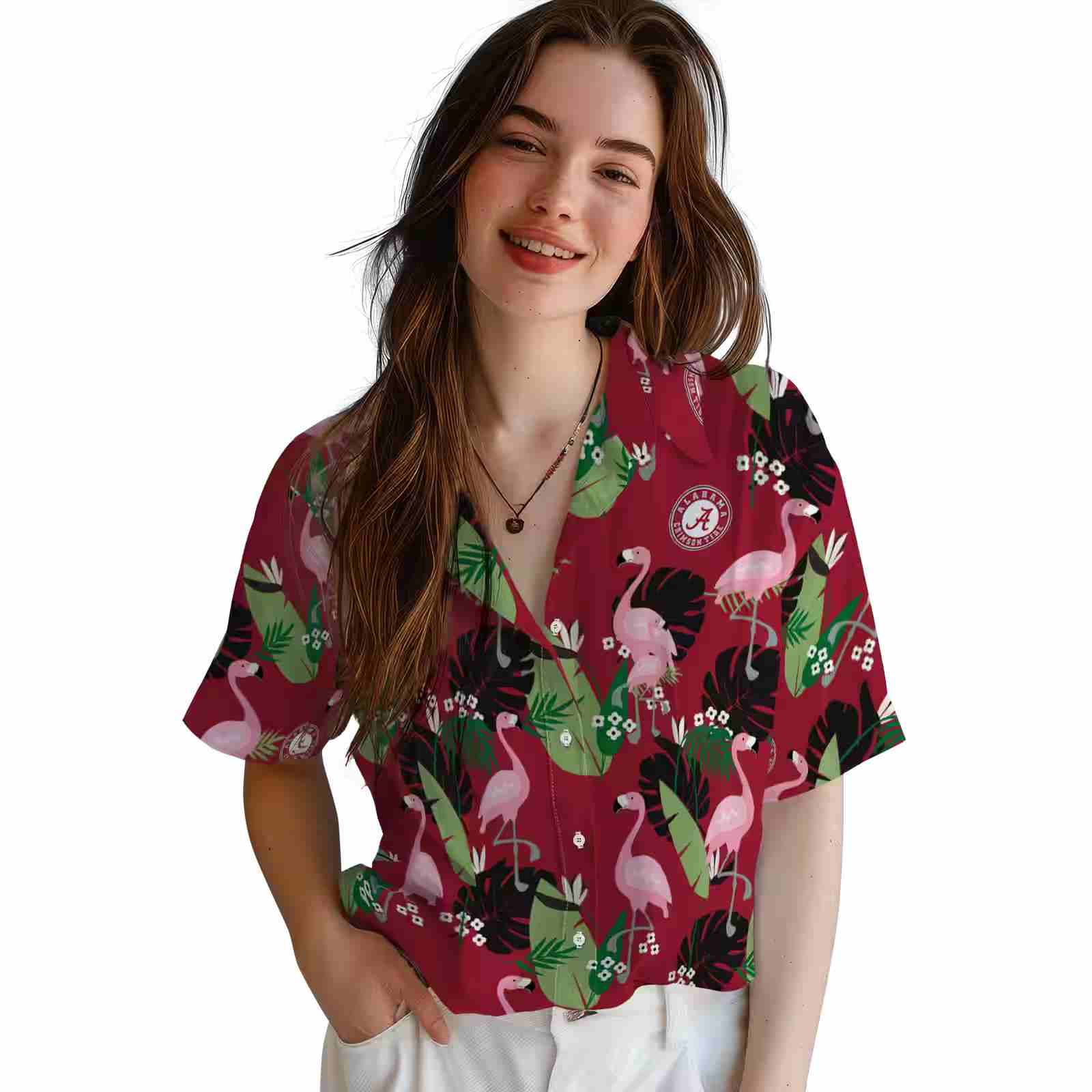 alabama crimson tide flamingo leaf motif crimson hawaiian shirt latest model