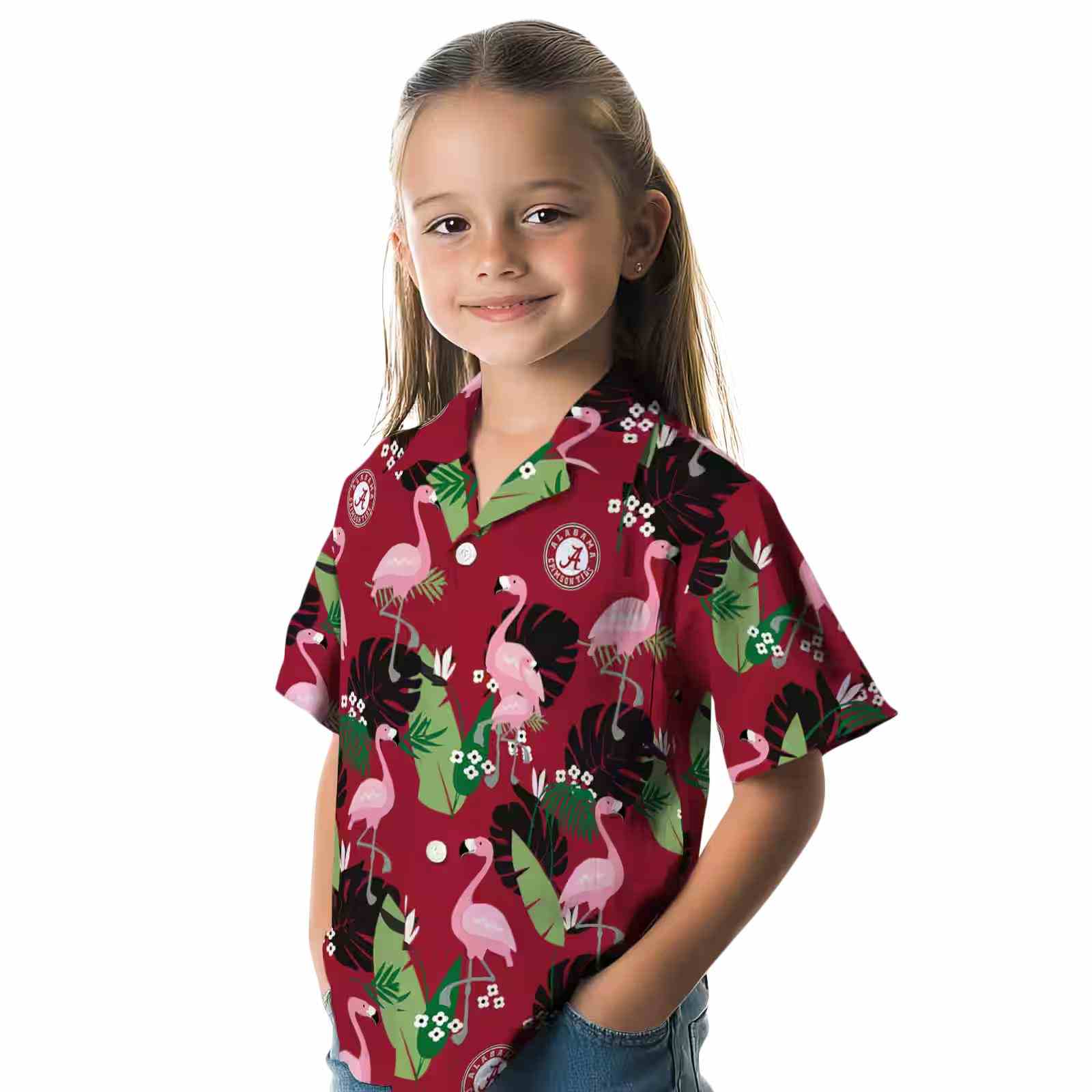 alabama crimson tide flamingo leaf motif crimson hawaiian shirt premium grade