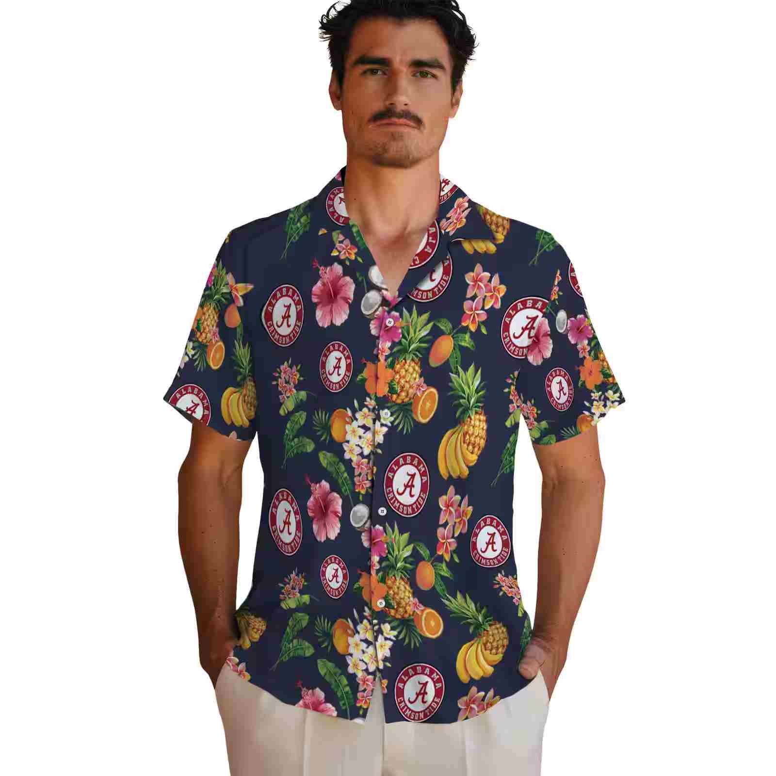 alabama crimson tide hibiscus and fruit navy blue hawaiian shirt fashion forward