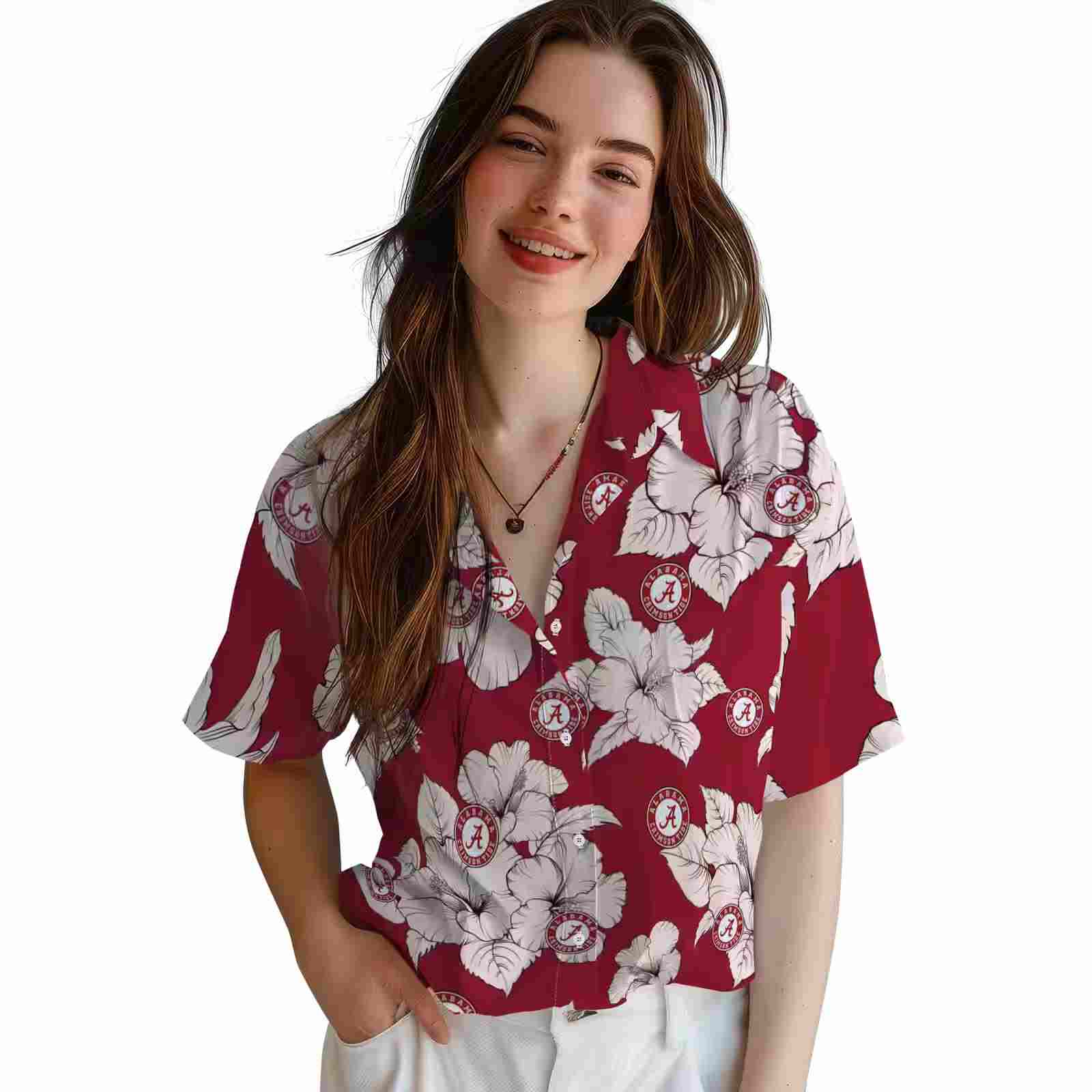alabama crimson tide hibiscus blooms crimson white hawaiian shirt latest model