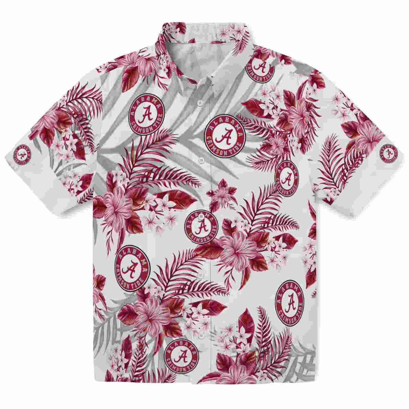 Alabama Crimson Tide Hibiscus Palm Leaves Crimson White Hawaiian Shirt