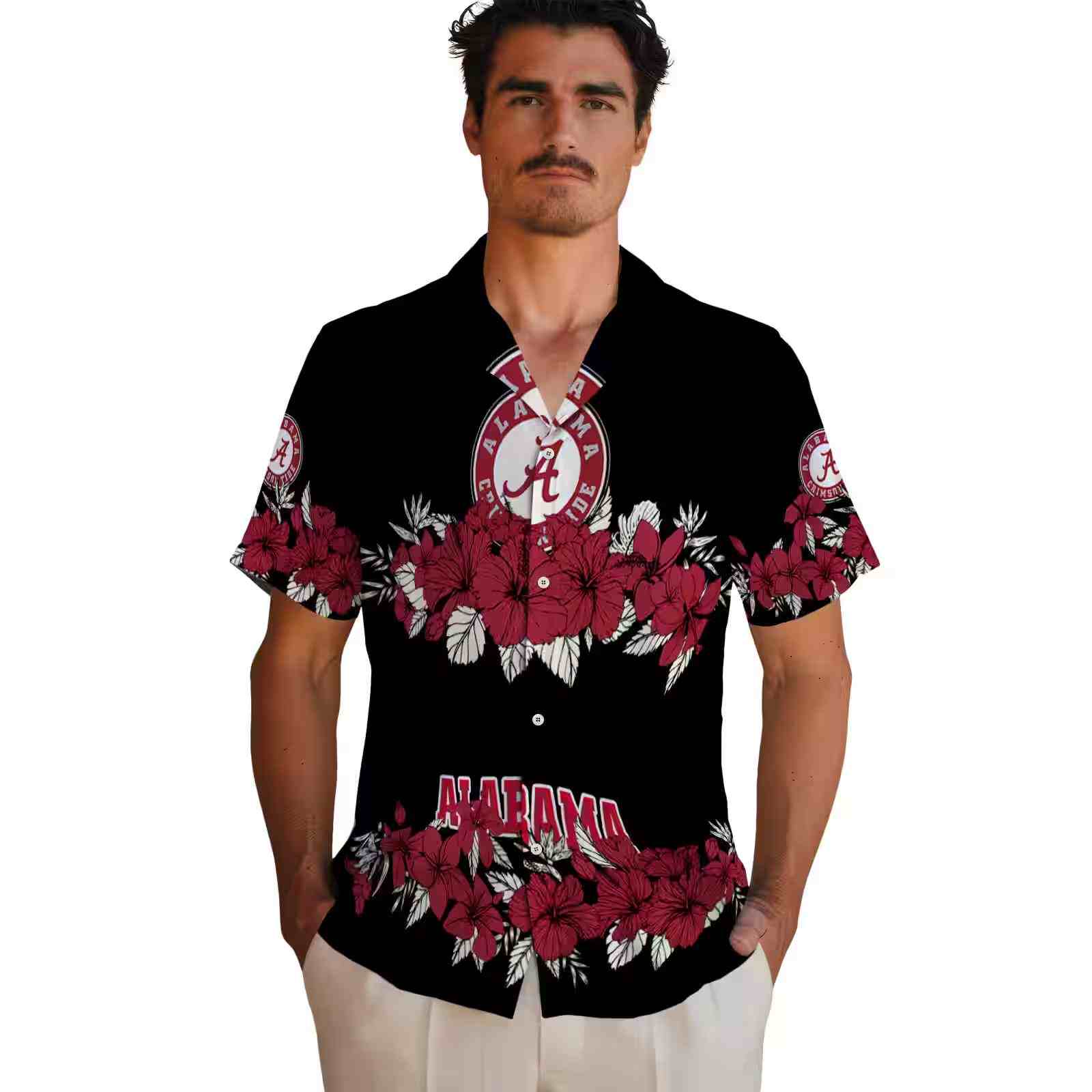 alabama crimson tide hibiscus stripe crimson black hawaiian shirt fashion forward