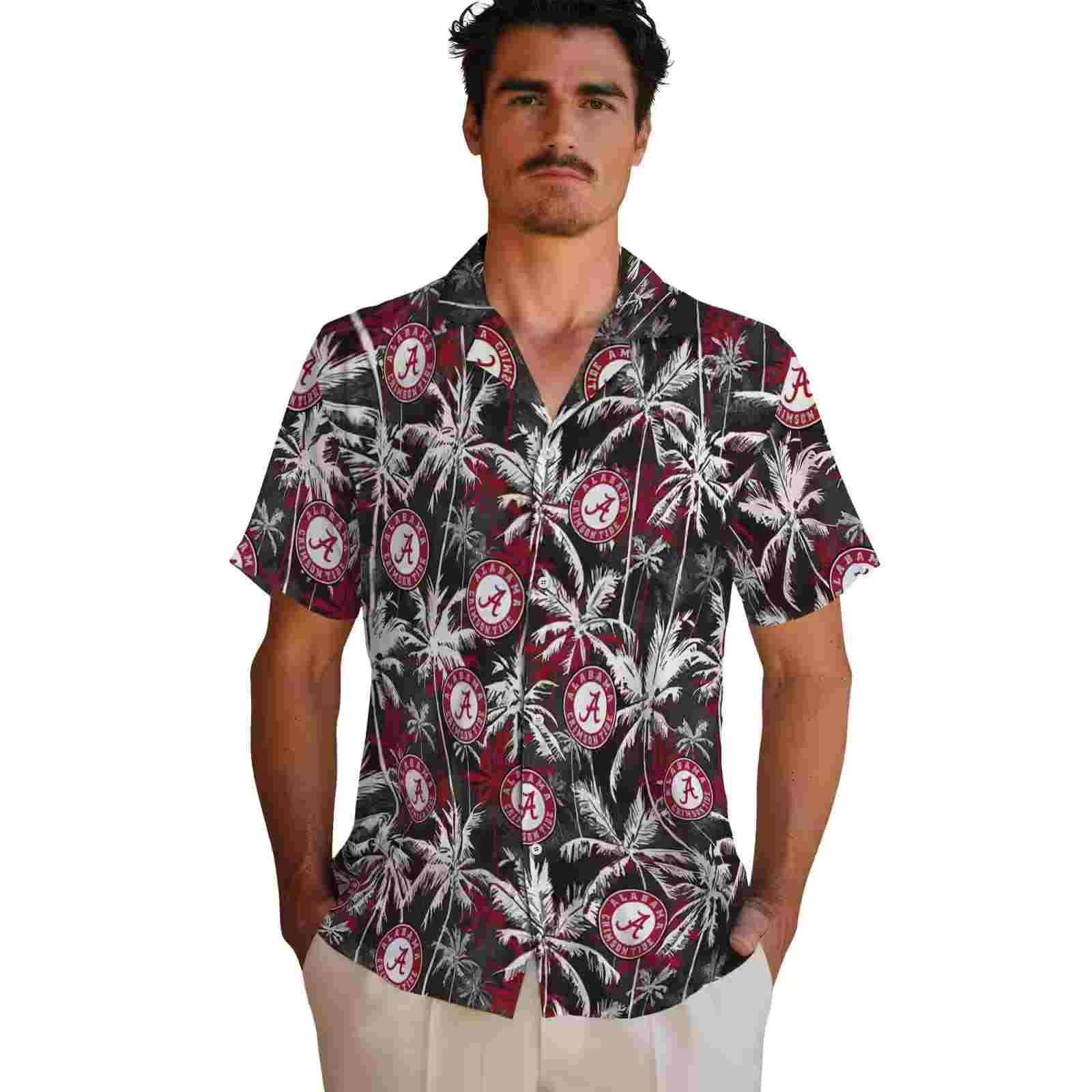 alabama crimson tide palm pattern crimson black hawaiian shirt fashion forward