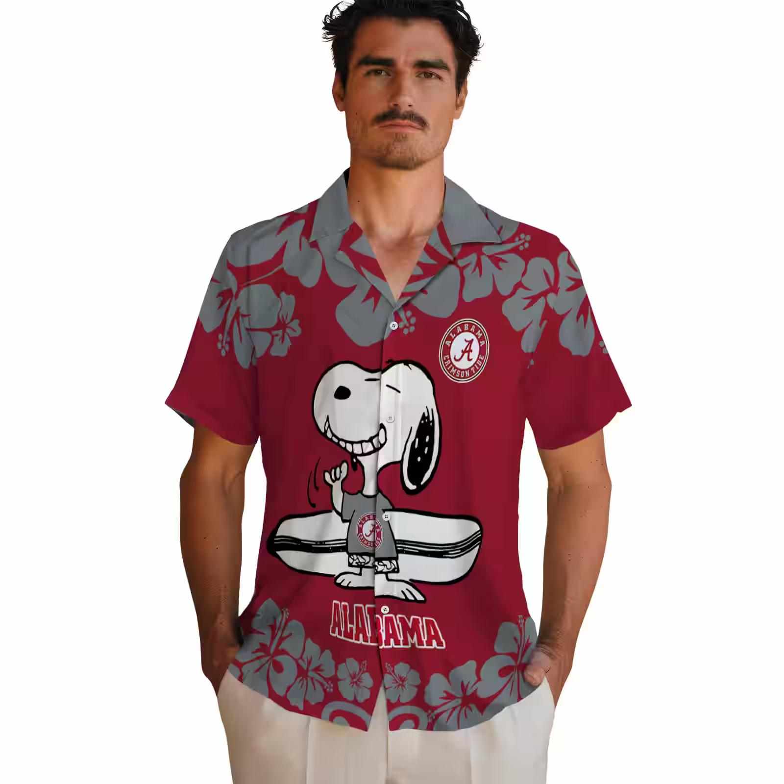 alabama crimson tide snoopy surf crimson white hawaiian shirt fashion forward