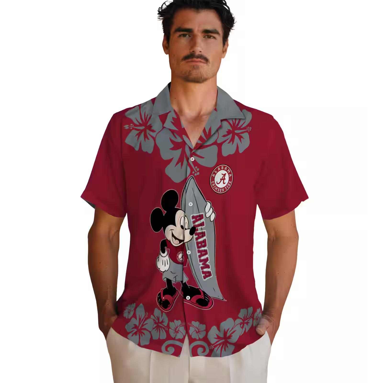 alabama crimson tide surfing mickey crimson hawaiian shirt fashion forward