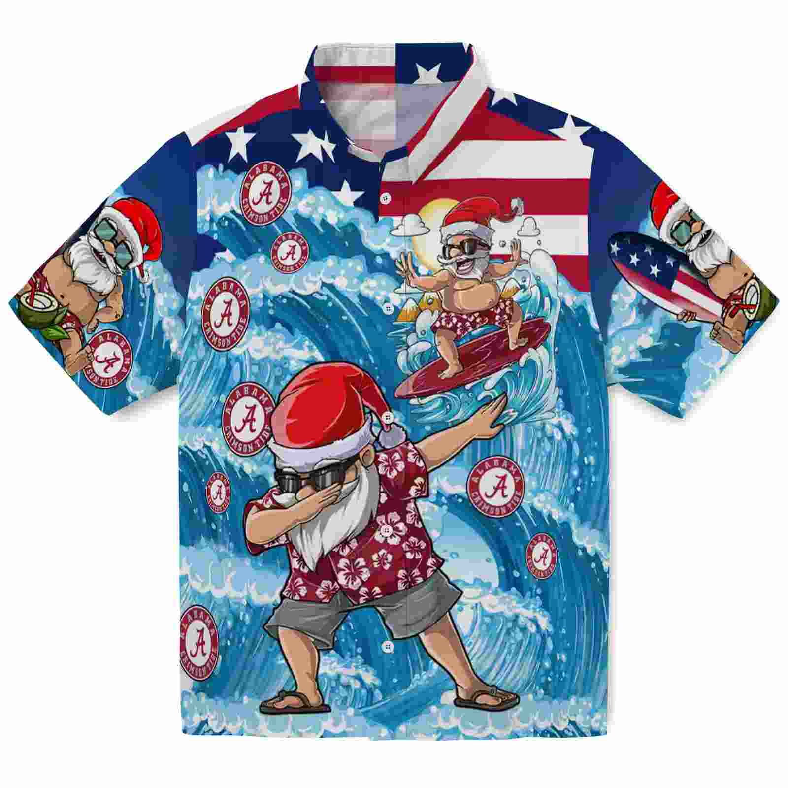 Alabama Crimson Tide Surfing Santa Blue Hawaiian Shirt