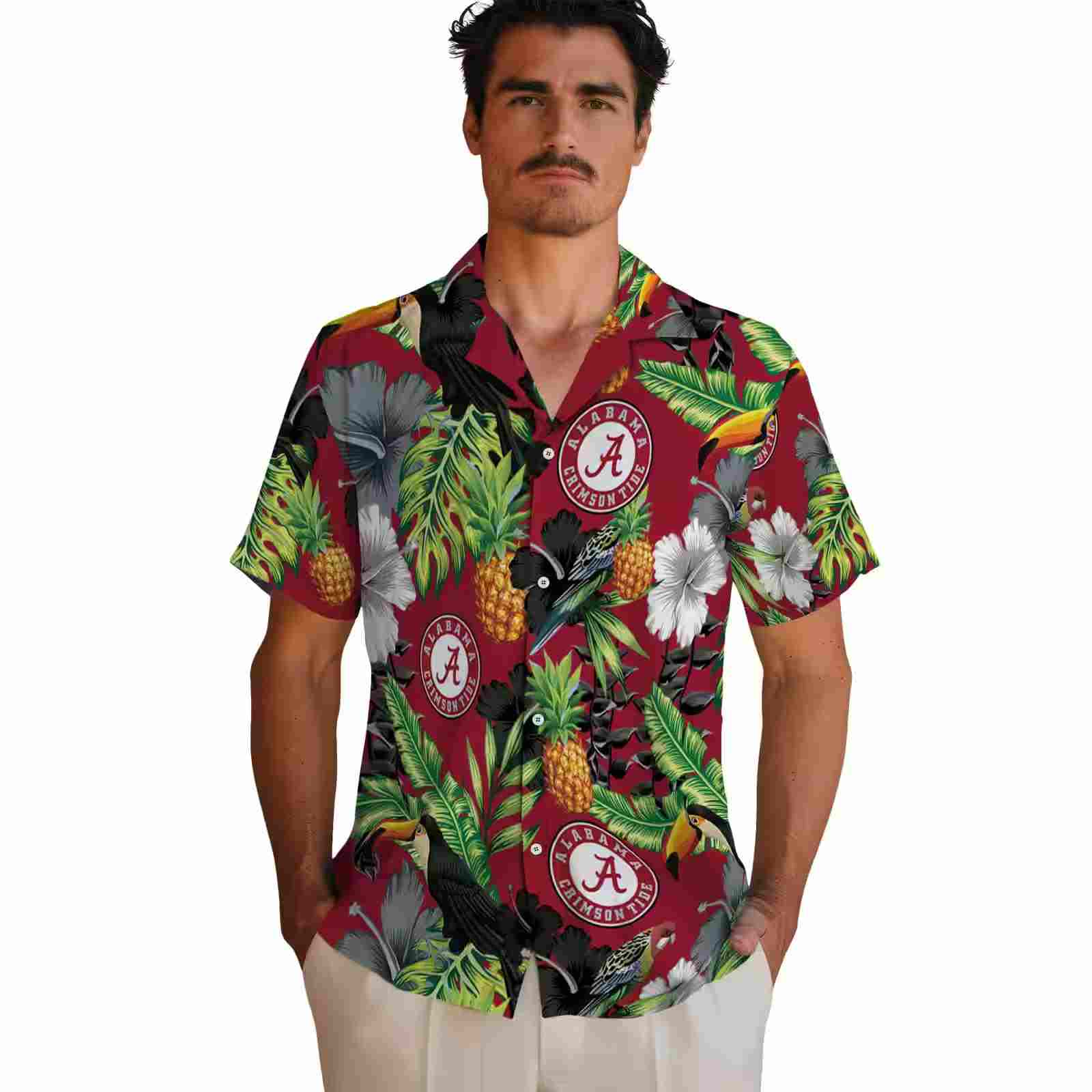 alabama crimson tide toucan hibiscus pineapple crimson green hawaiian shirt fashion forward