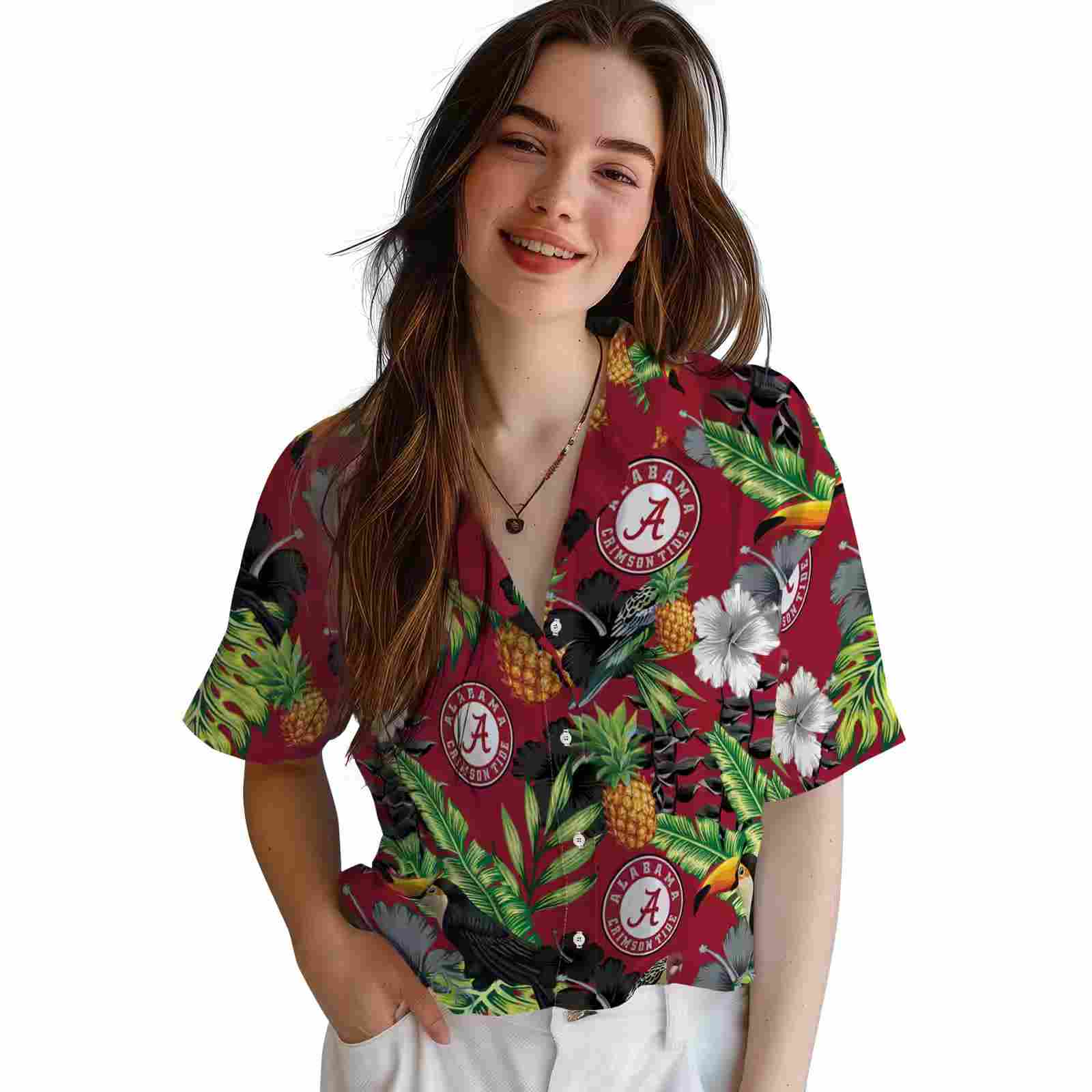 alabama crimson tide toucan hibiscus pineapple crimson green hawaiian shirt latest model