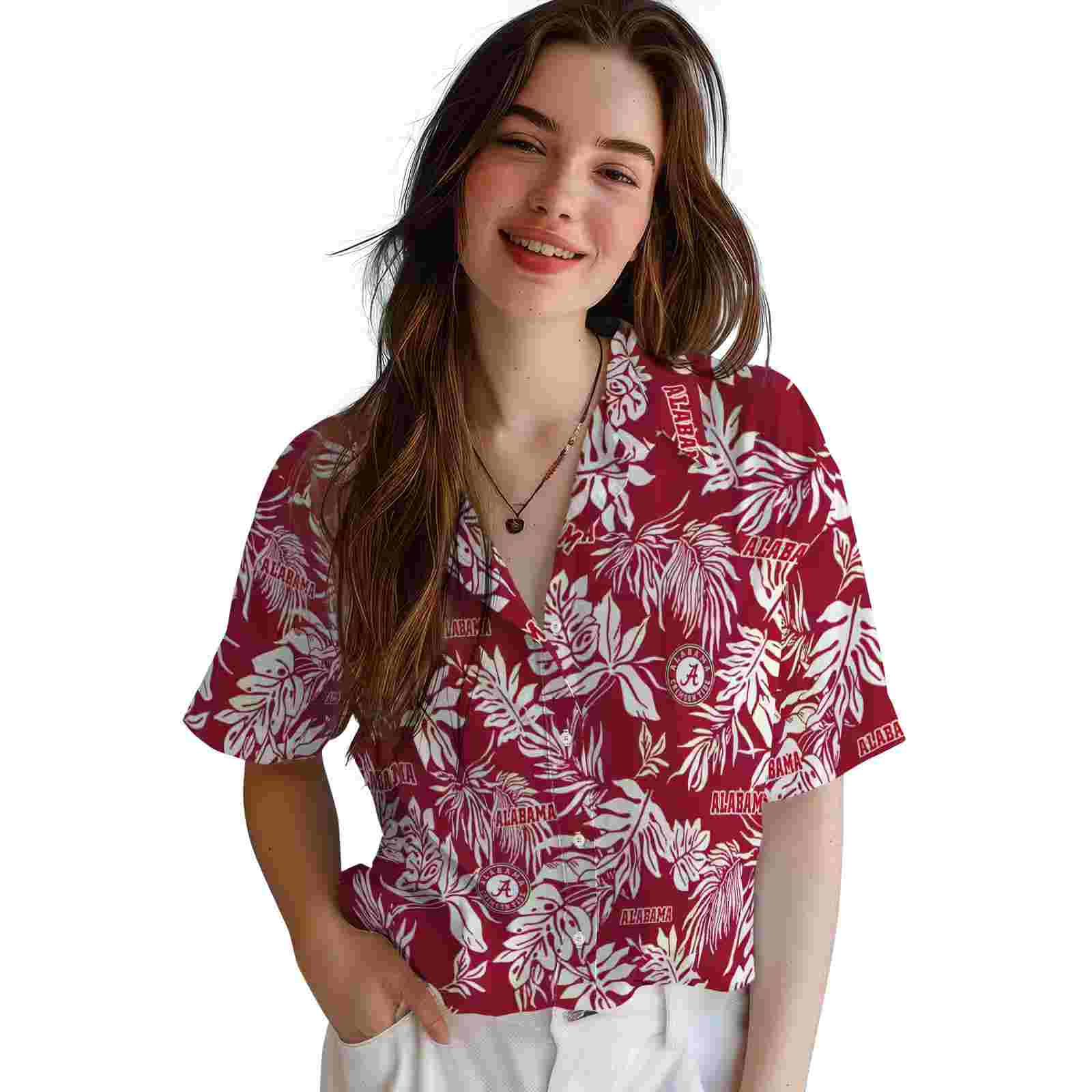 alabama crimson tide tropical leaf crimson white hawaiian shirt latest model