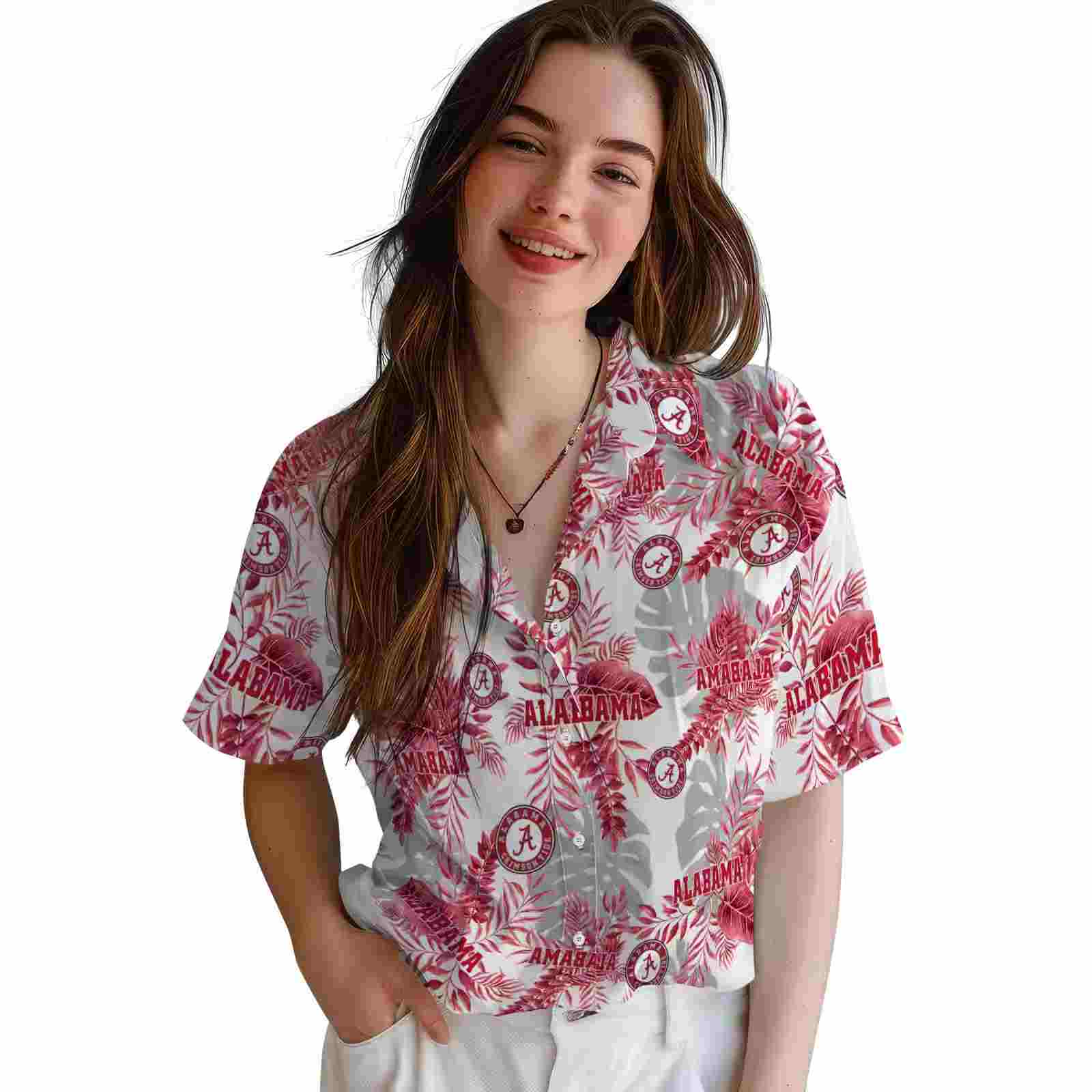 alabama crimson tide tropical leaves crimson white hawaiian shirt latest model