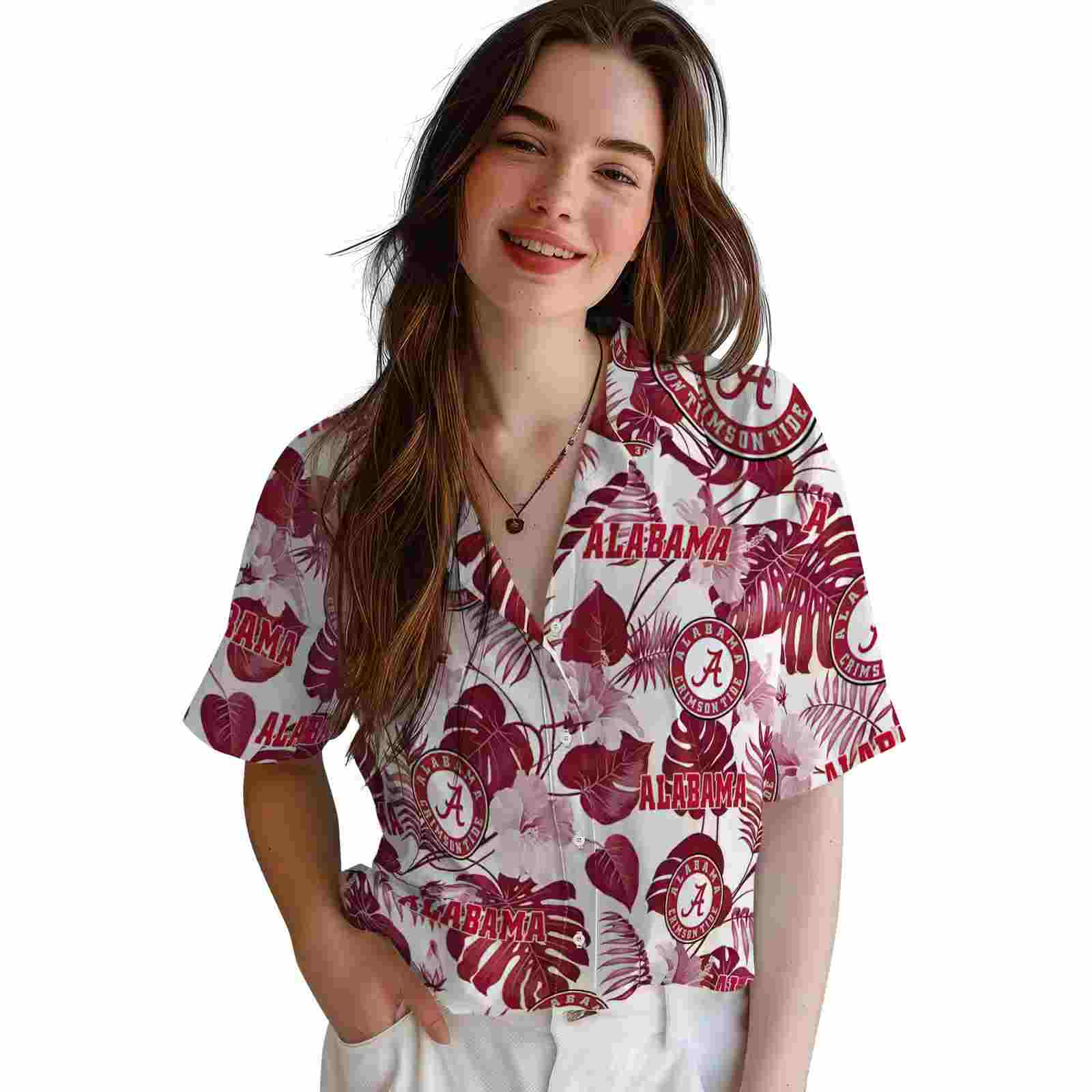 alabama crimson tide tropical plants crimson white hawaiian shirt latest model