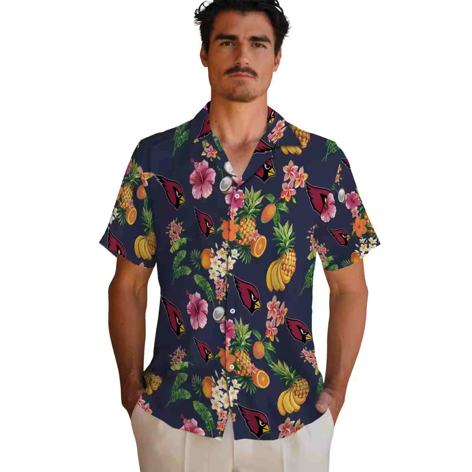 arizona cardinals hibiscus and fruit navy blue hawaiian shirt fashion forward