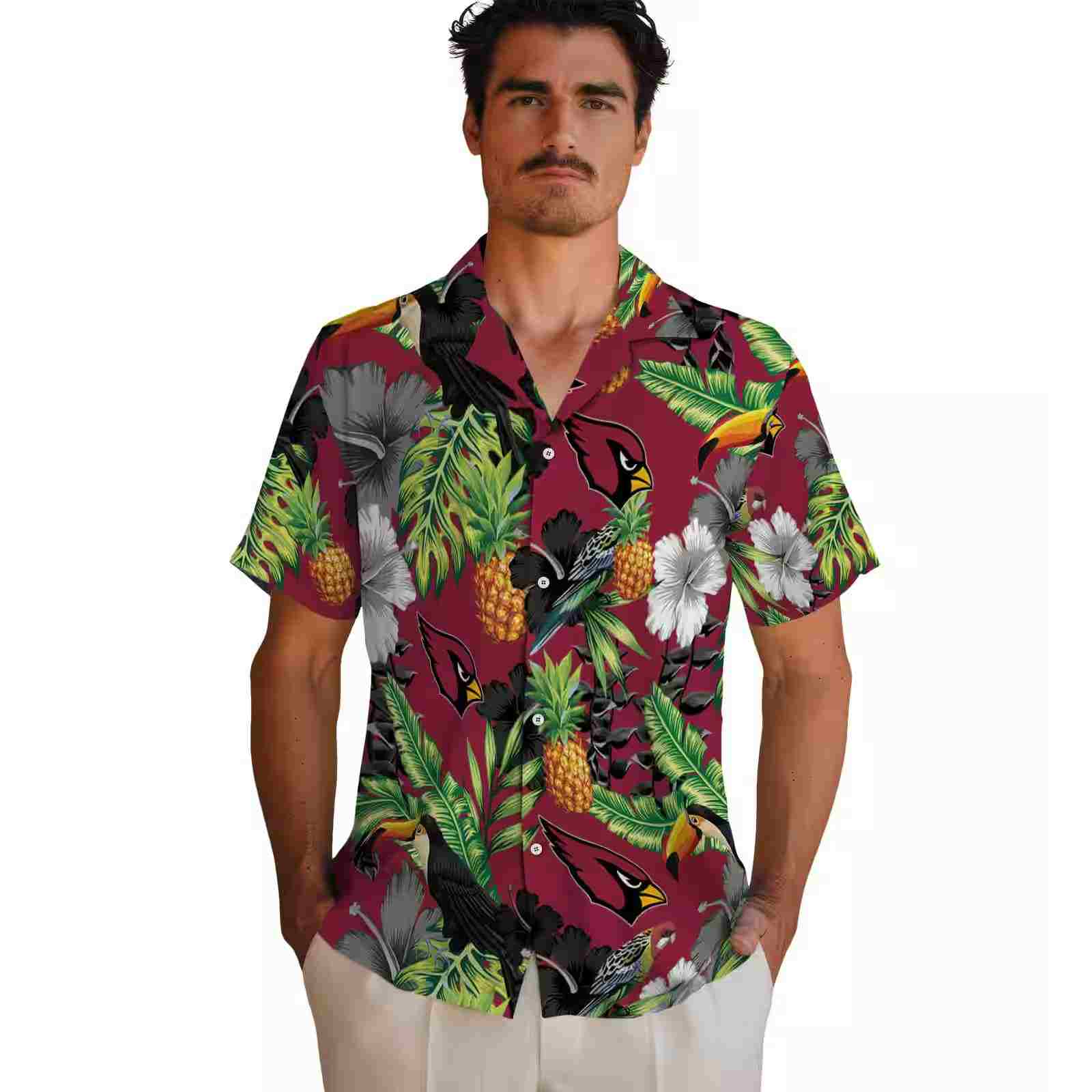 arizona cardinals toucan hibiscus pineapple red green hawaiian shirt fashion forward