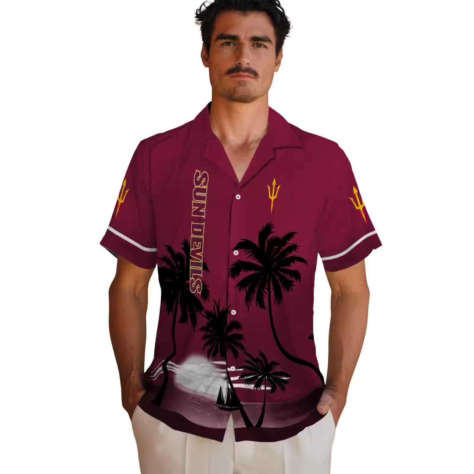 arizona state sun devils beach sunset maroon black hawaiian shirt fashion forward