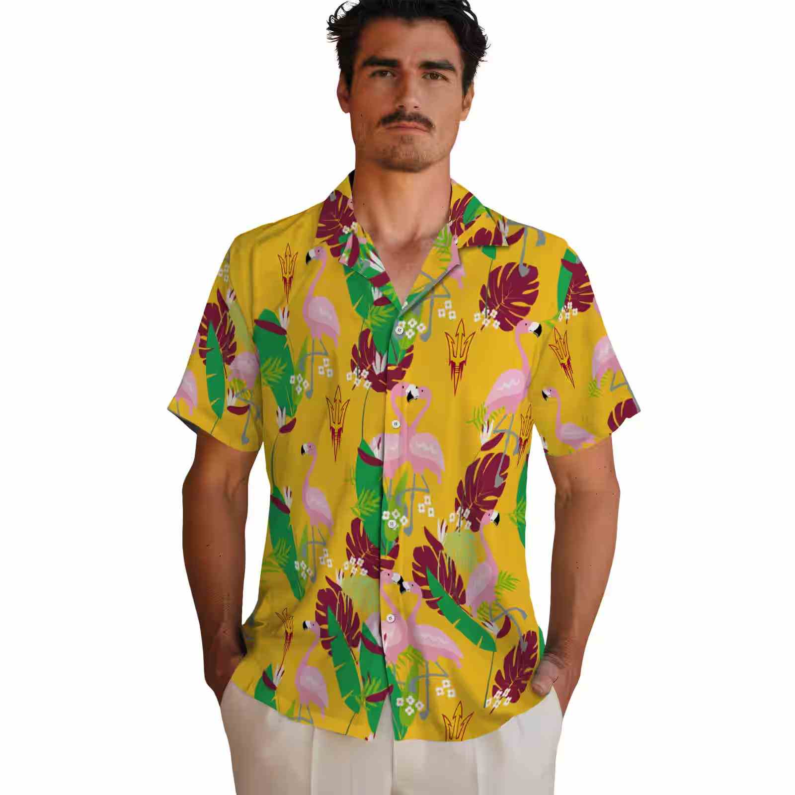 arizona state sun devils flamingo foliage maroon green hawaiian shirt fashion forward