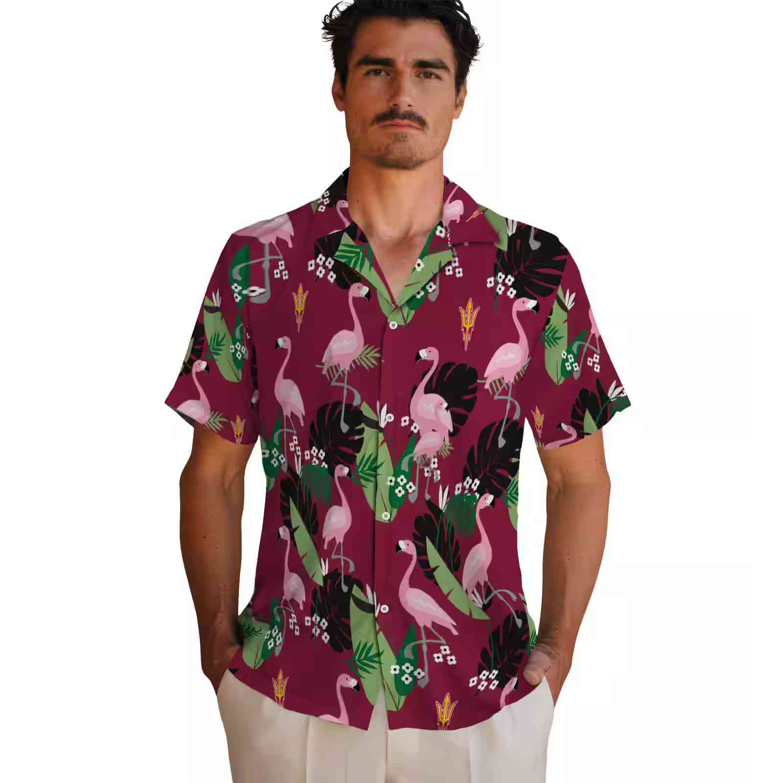 arizona state sun devils flamingo leaf motif maroon hawaiian shirt fashion forward