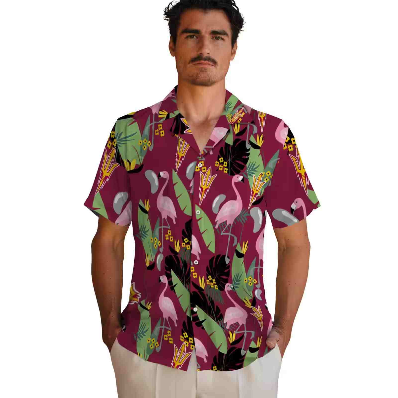 arizona state sun devils flamingo leaves maroon hawaiian shirt fashion forward