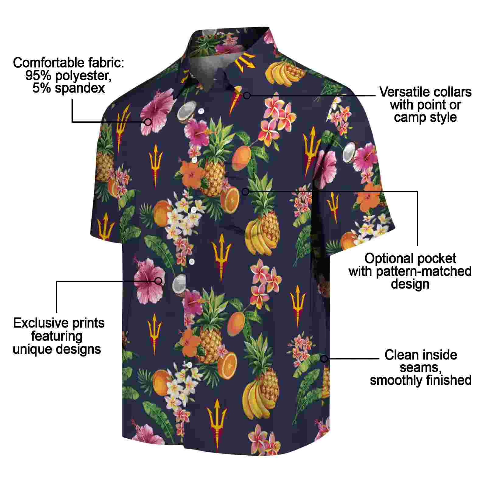 arizona state sun devils hibiscus and fruit navy blue hawaiian shirt new arrival