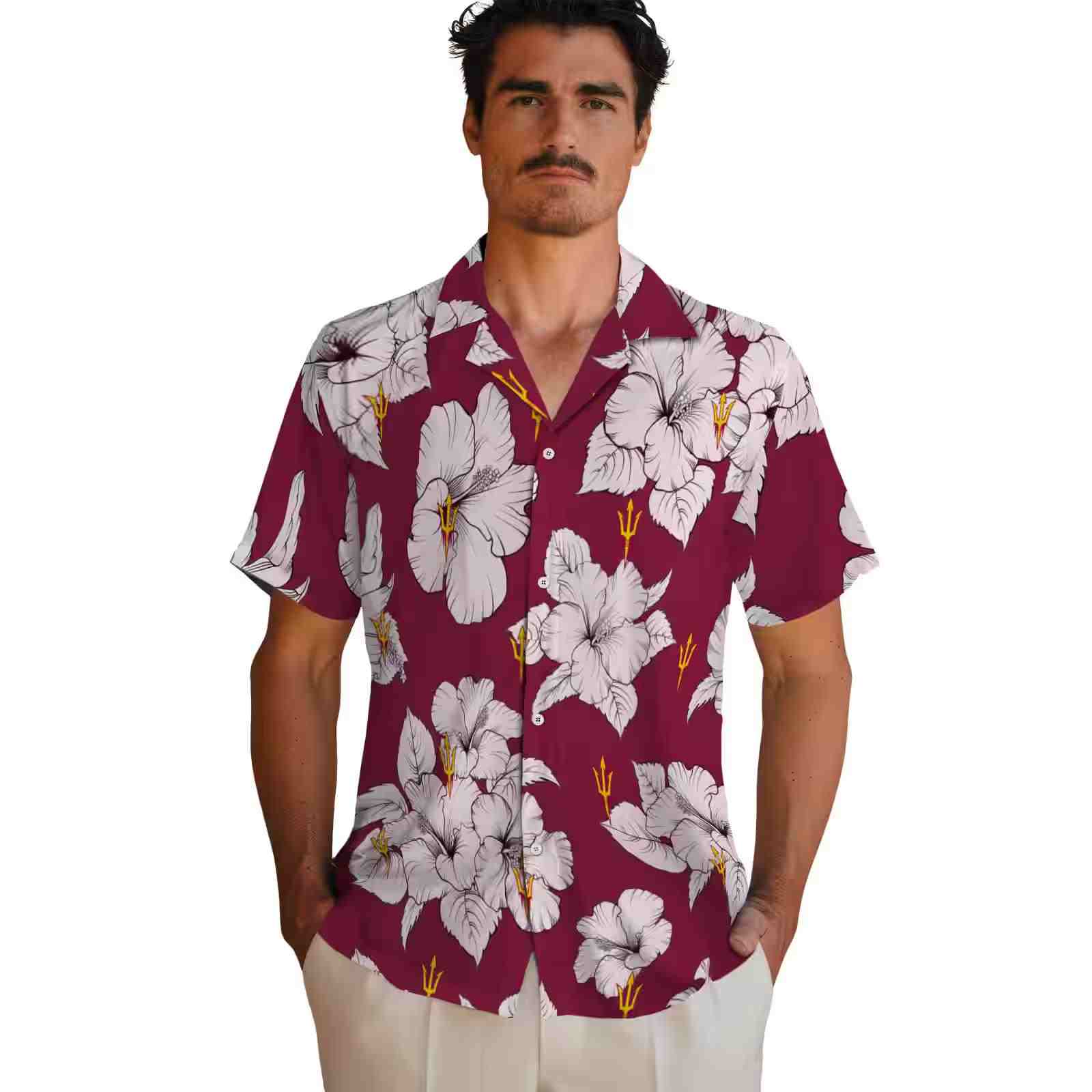 arizona state sun devils hibiscus blooms maroon white hawaiian shirt fashion forward