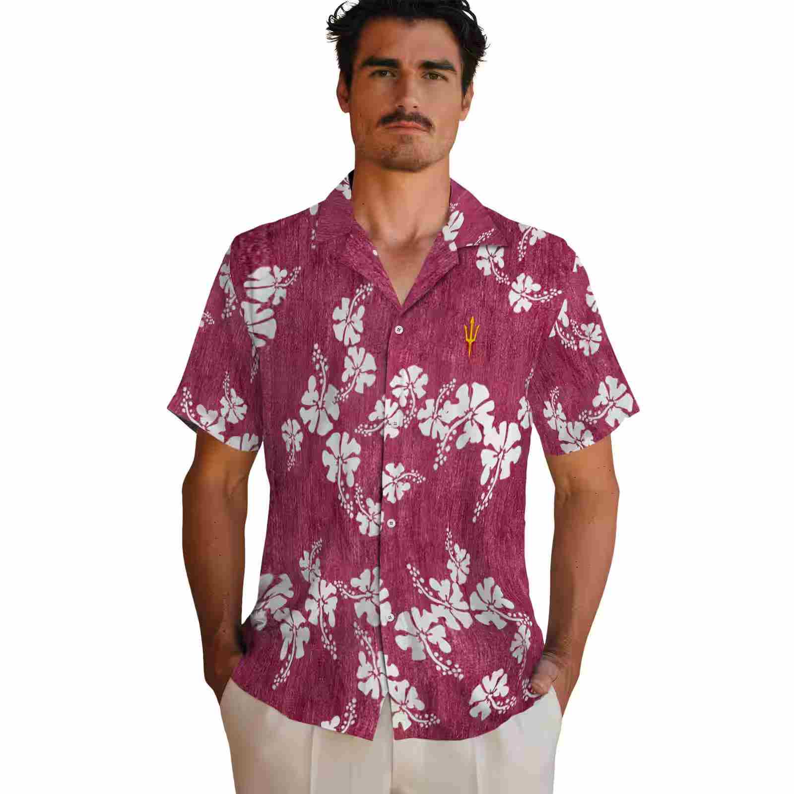 arizona state sun devils hibiscus clusters maroon hawaiian shirt fashion forward