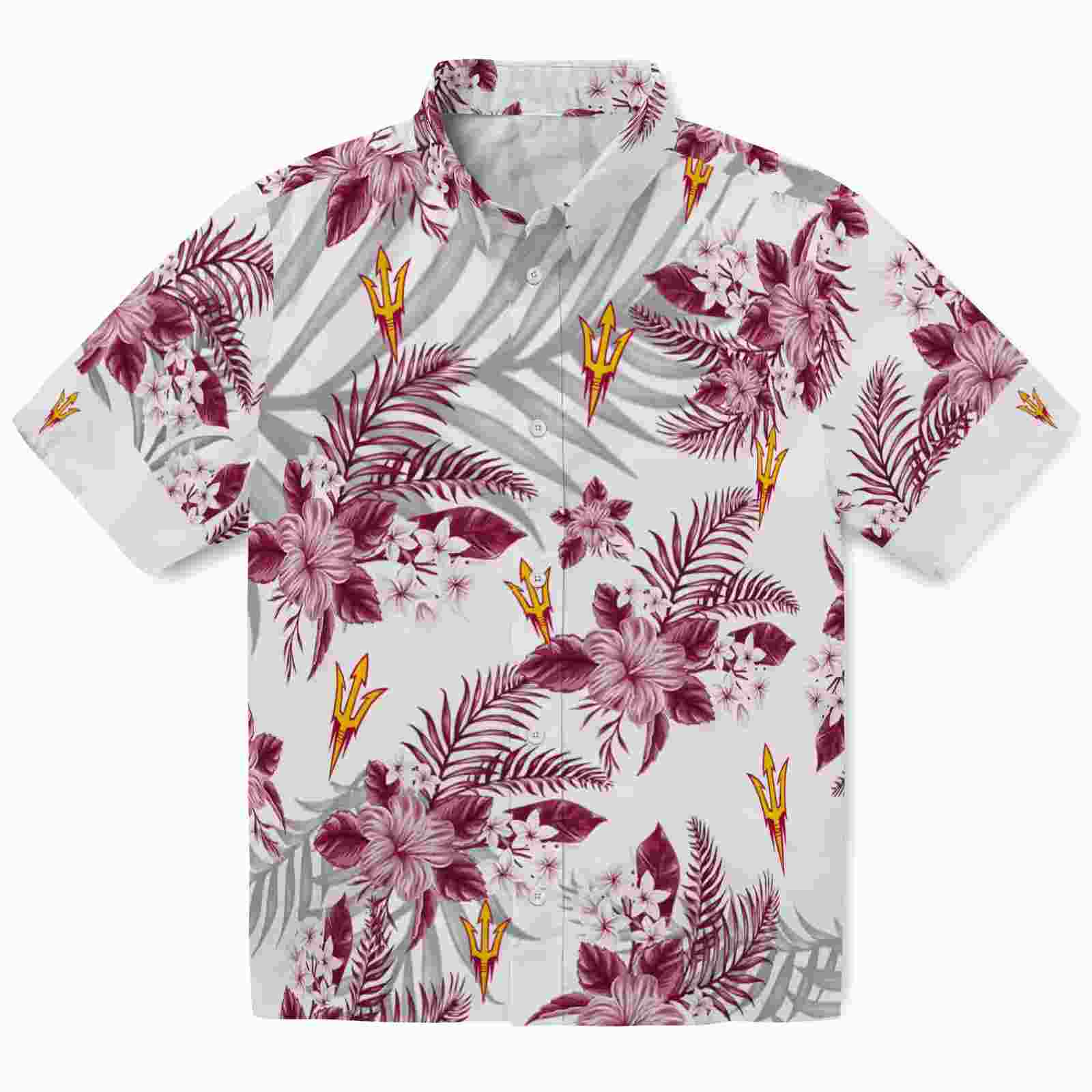 Arizona State Sun Devils Hibiscus Palm Leaves Maroon White Hawaiian Shirt