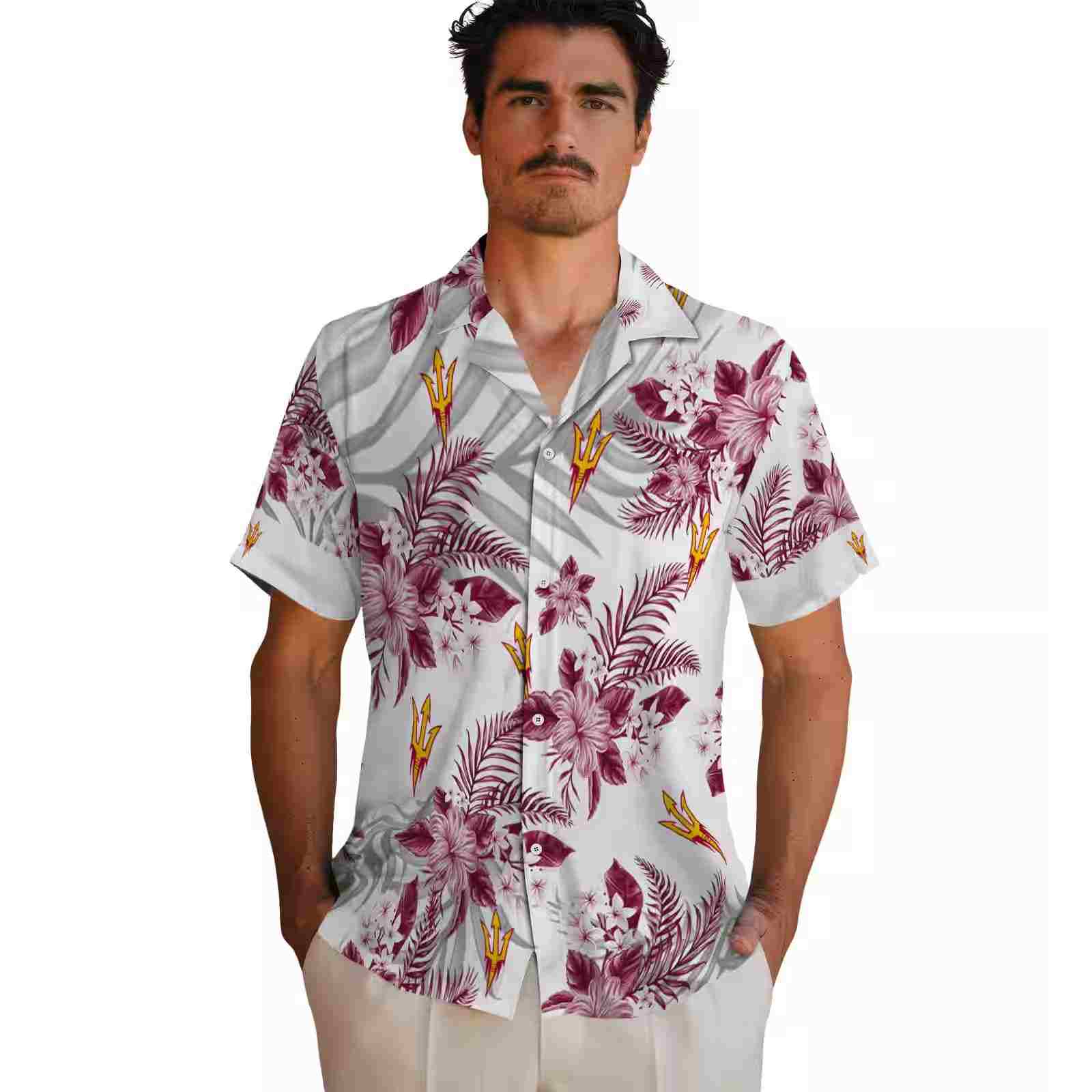 arizona state sun devils hibiscus palm leaves maroon white hawaiian shirt fashion forward