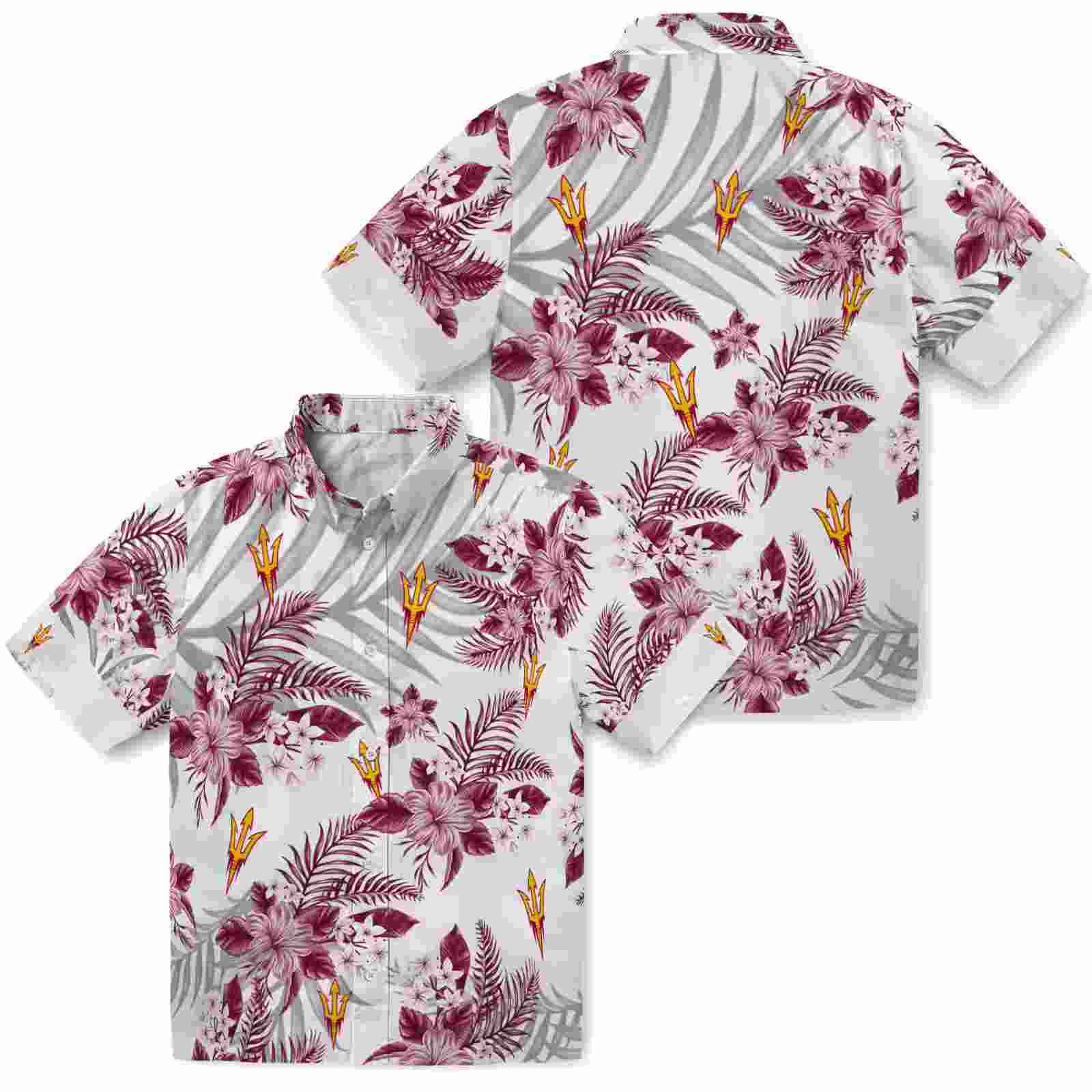 arizona state sun devils hibiscus palm leaves maroon white hawaiian shirt high quality