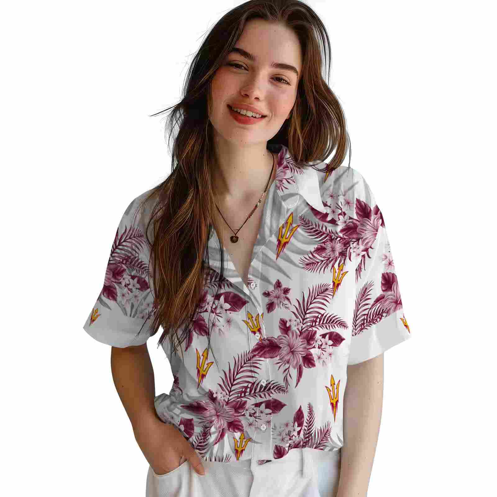 arizona state sun devils hibiscus palm leaves maroon white hawaiian shirt latest model