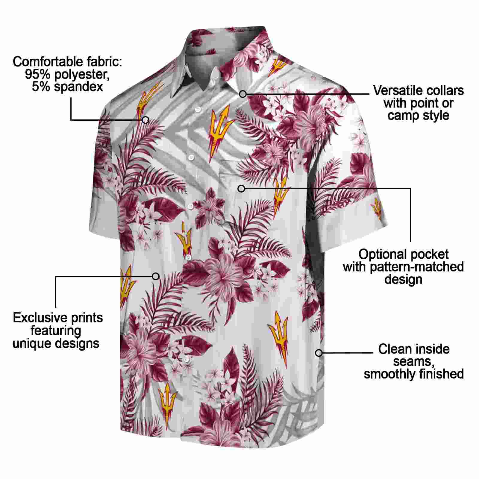 arizona state sun devils hibiscus palm leaves maroon white hawaiian shirt new arrival