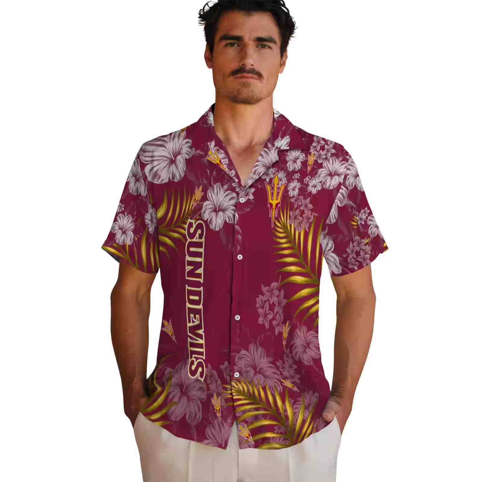 arizona state sun devils hibiscus print maroon hawaiian shirt fashion forward