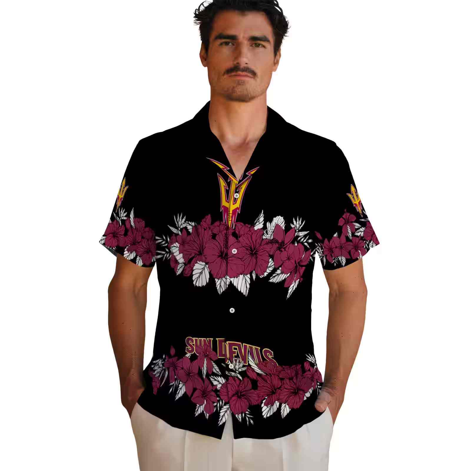 arizona state sun devils hibiscus stripe maroon black hawaiian shirt fashion forward