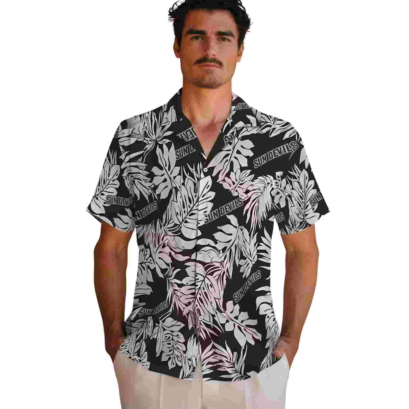 arizona state sun devils monstera leaf pattern black hawaiian shirt fashion forward