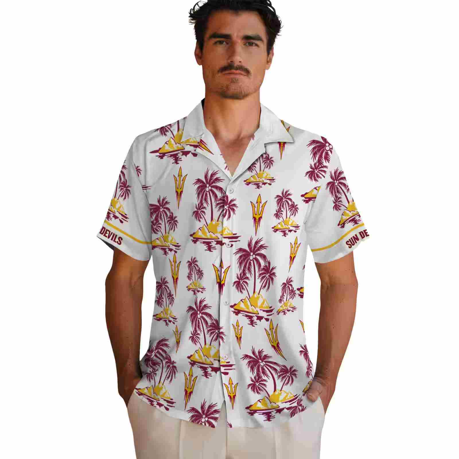 arizona state sun devils palm island print maroon white hawaiian shirt fashion forward