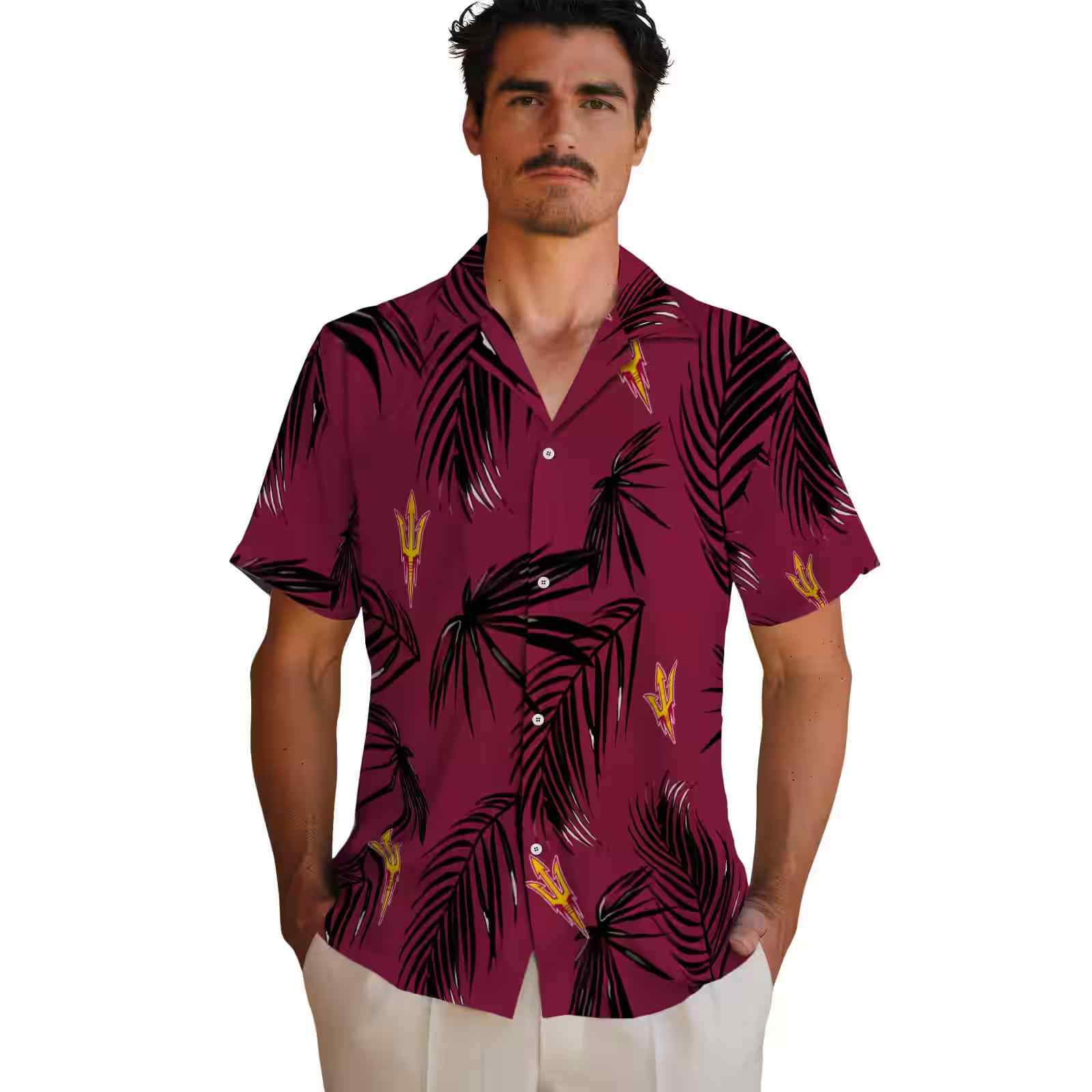 arizona state sun devils palm leaf maroon hawaiian shirt fashion forward