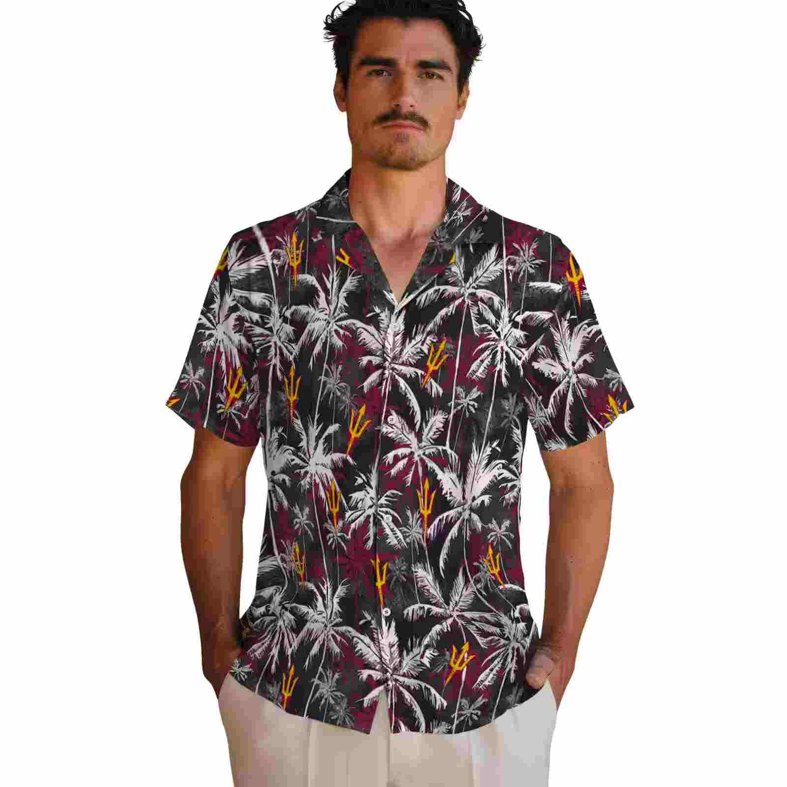 arizona state sun devils palm pattern maroon black hawaiian shirt fashion forward