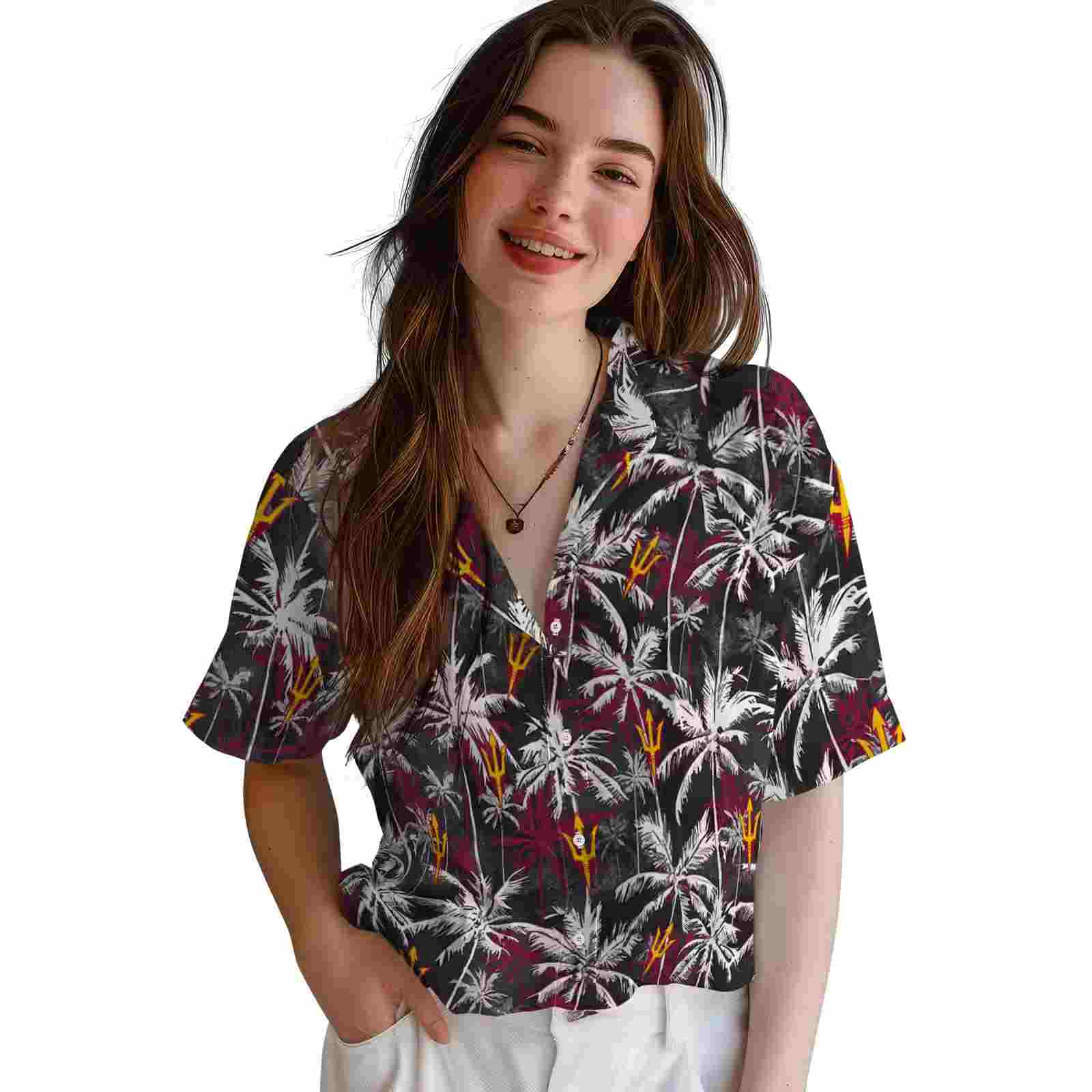 arizona state sun devils palm pattern maroon black hawaiian shirt latest model